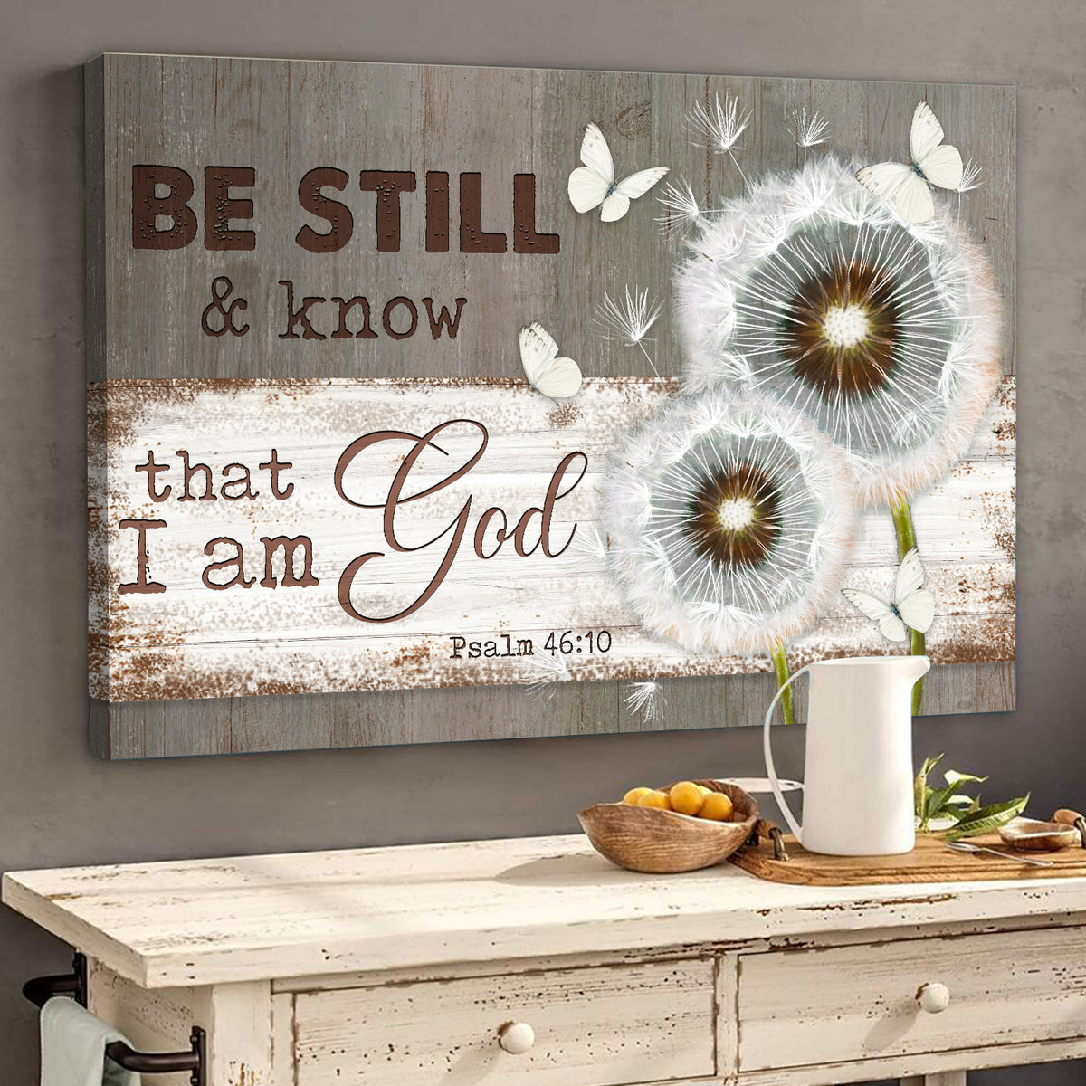 Dandelion, White butterflies, Vintage Painting, Be still and know that I am God 2 - Jesus Landscape Canvas Prints, Wall Art
