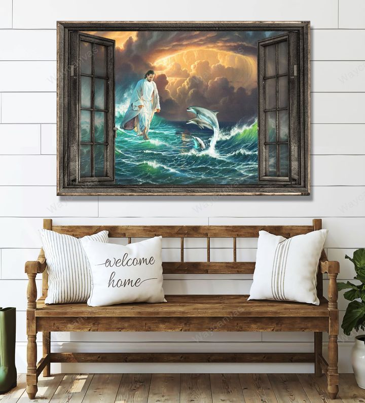 Jesus Painting, Walking on the sea, Beautiful Dolphin - Jesus, Window frame Portrait Canvas Prints, Wall Art