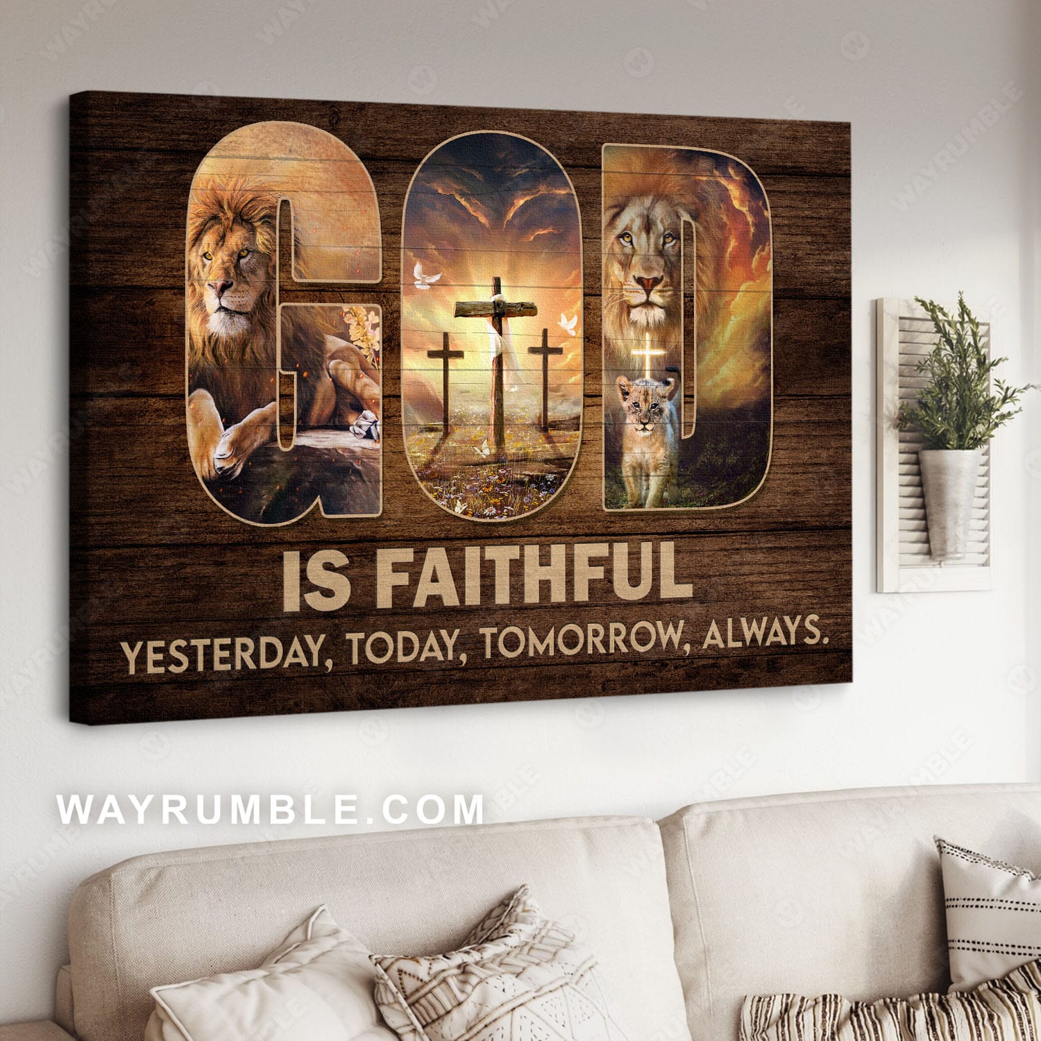 Lion of Judah, Cross - God is faithful, yesterday, today, tomorrow, always Jesus Landscape Canvas Prints, Wall Art