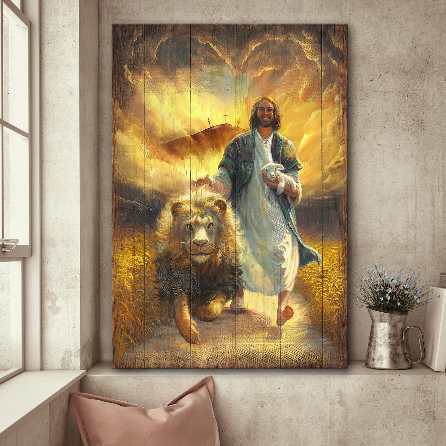 Jesus Painting, Lion of Judah, Walking with lamb and lion - Jesus Portrait Canvas Print, Wall Art