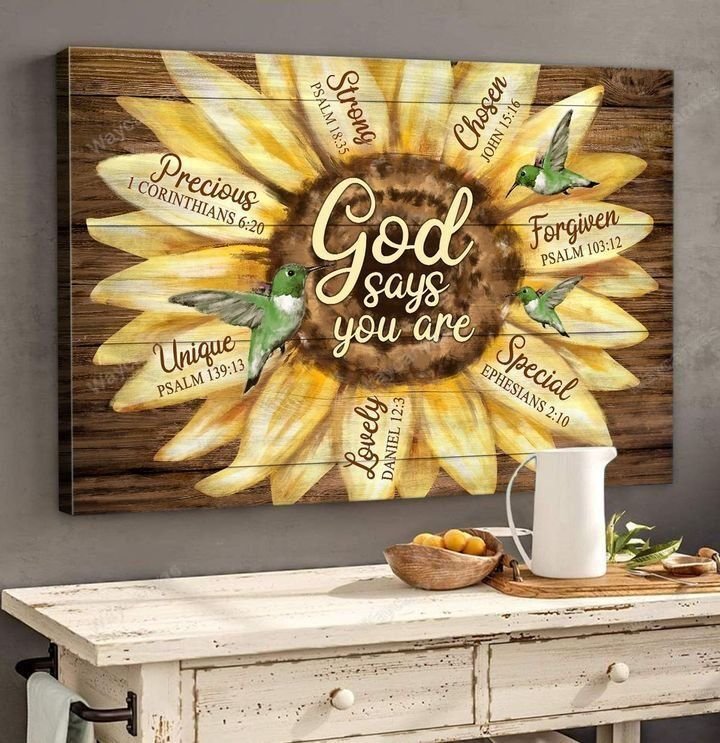 Green hummingbird, Sunflower, God says you are - Jesus Landscape Canvas Prints, Wall Art