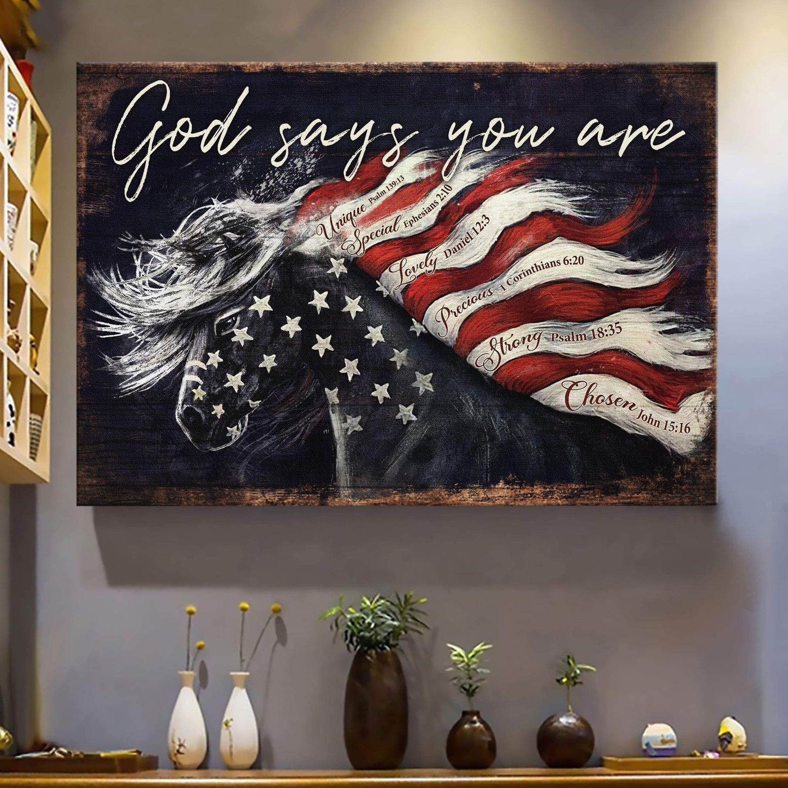 Amazing horse, America flag, God says you are - Jesus Landscape Canvas Prints, Wall Art