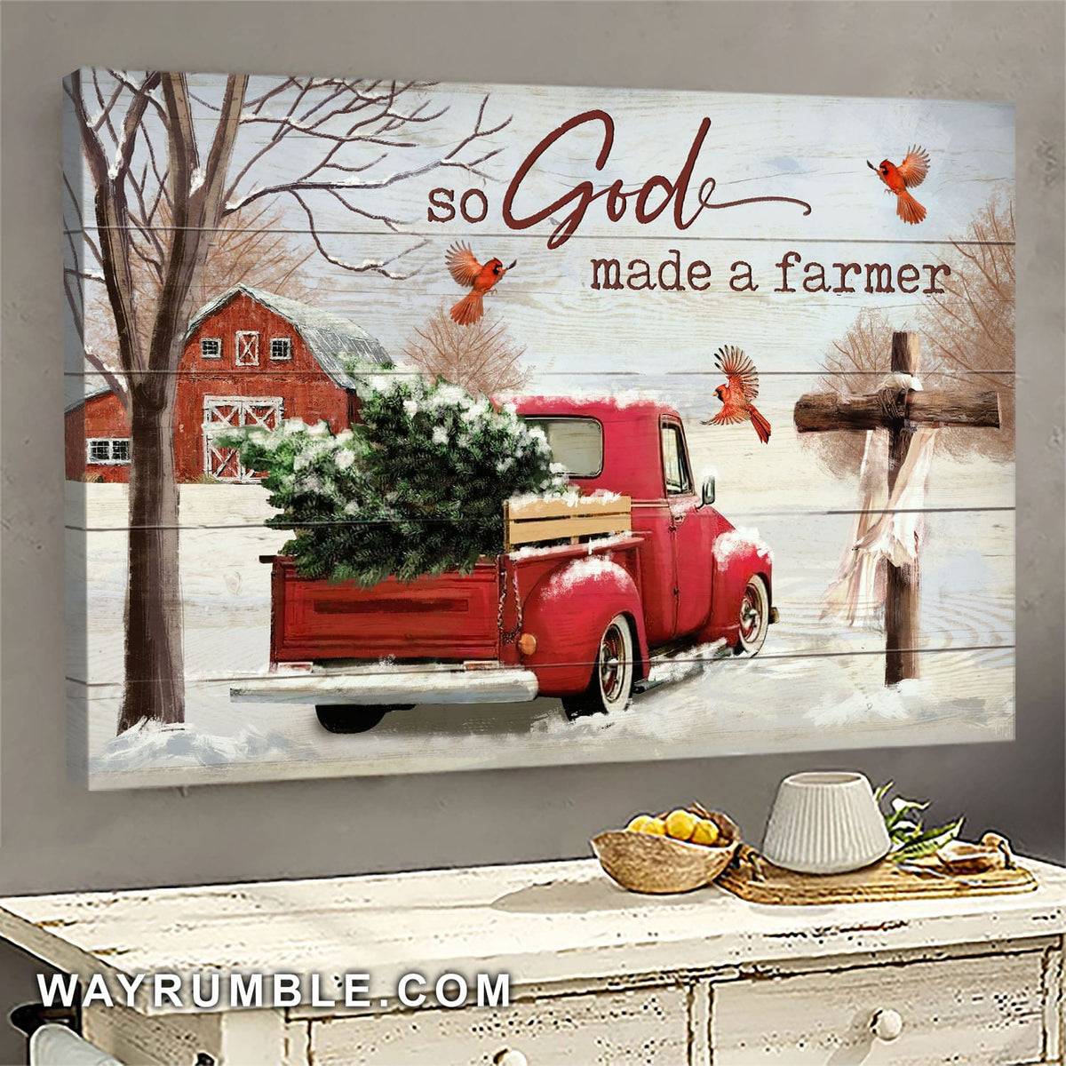 Cardinal, Red truck, Snow day, Wooden Cross, So God made a farmer - Jesus Landscape Canvas Prints, Wall Art