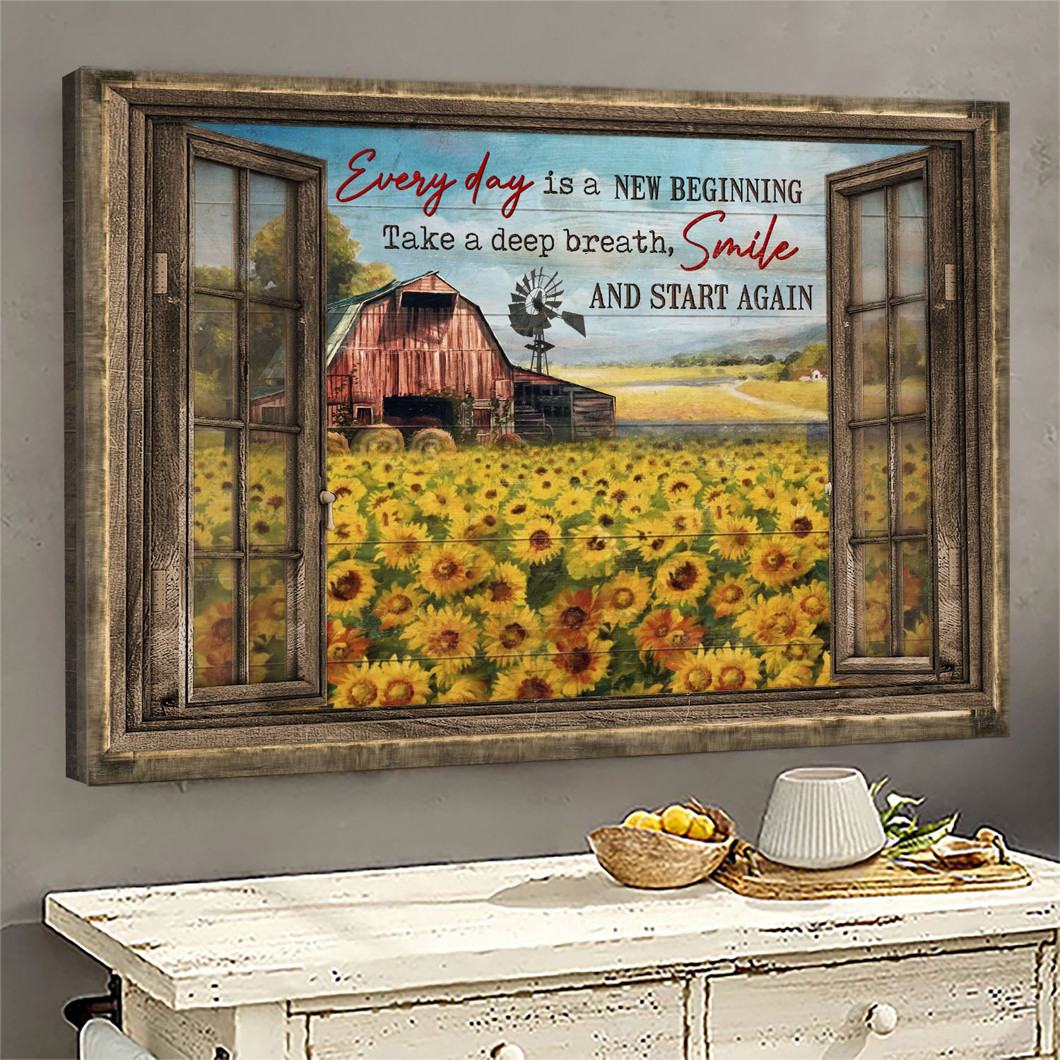 Sunflower field, Red barn, Every day is a new beginning - Jesus, Window frame Landscape Canvas Prints, Wall Art