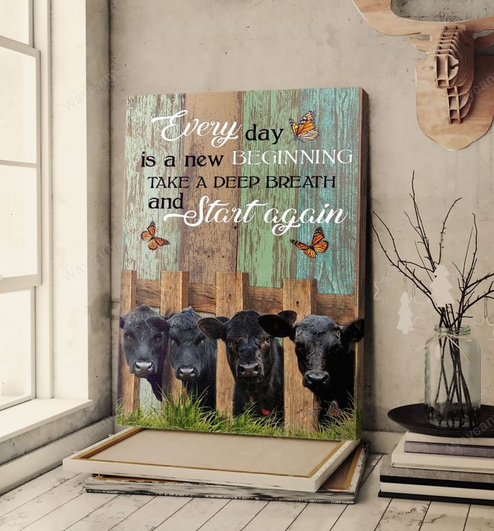 Wooden fence, Angus cow, Orange butterfly, Everyday is a new beginning - Jesus Portrait Canvas Prints, Wall Art