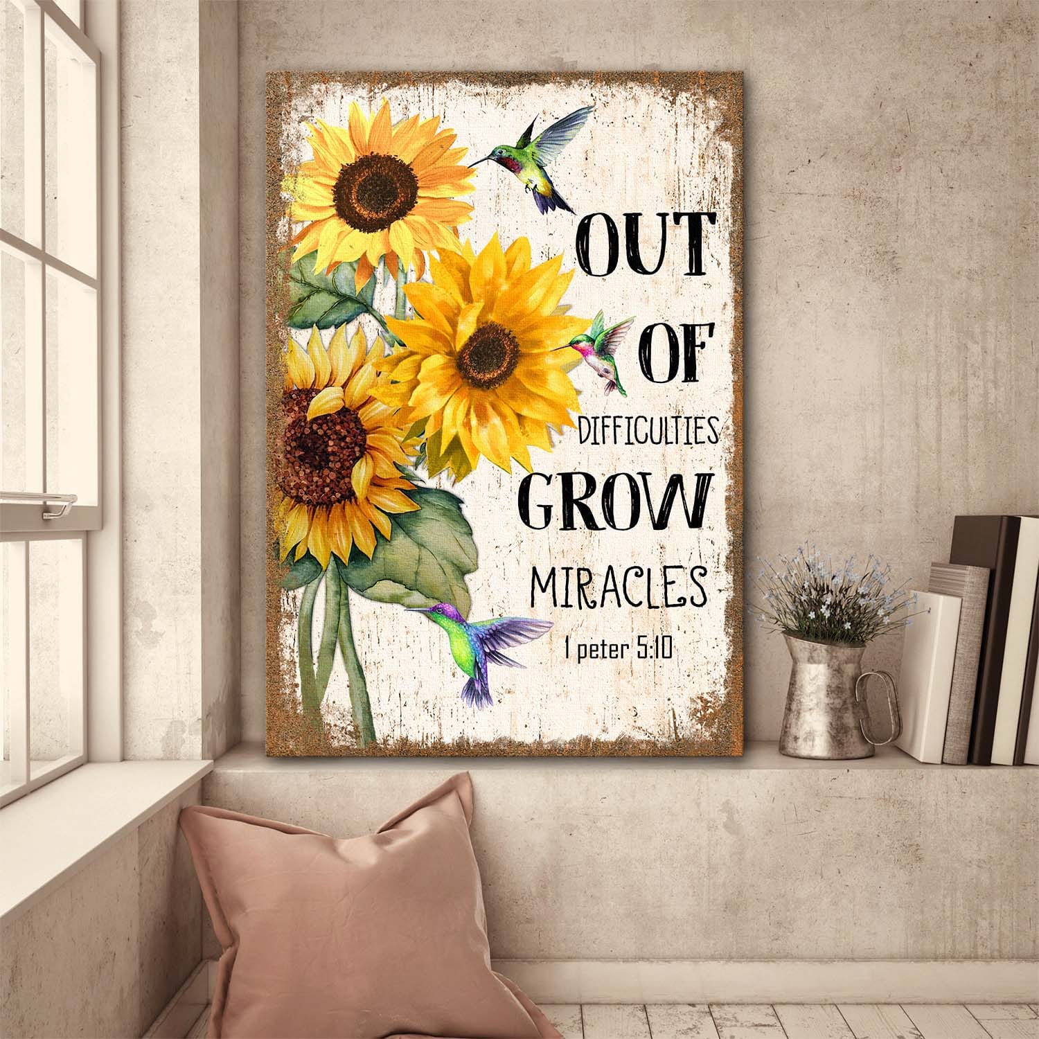 Sunflower, Hummingbird, Out of difficulties, grow miracles - Jesus Portrait Canvas Prints, Wall Art