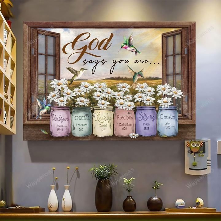 Hummingbird, Daisy flower, God says you are - Jesus, Window frame Landscape Canvas Prints, Wall Art