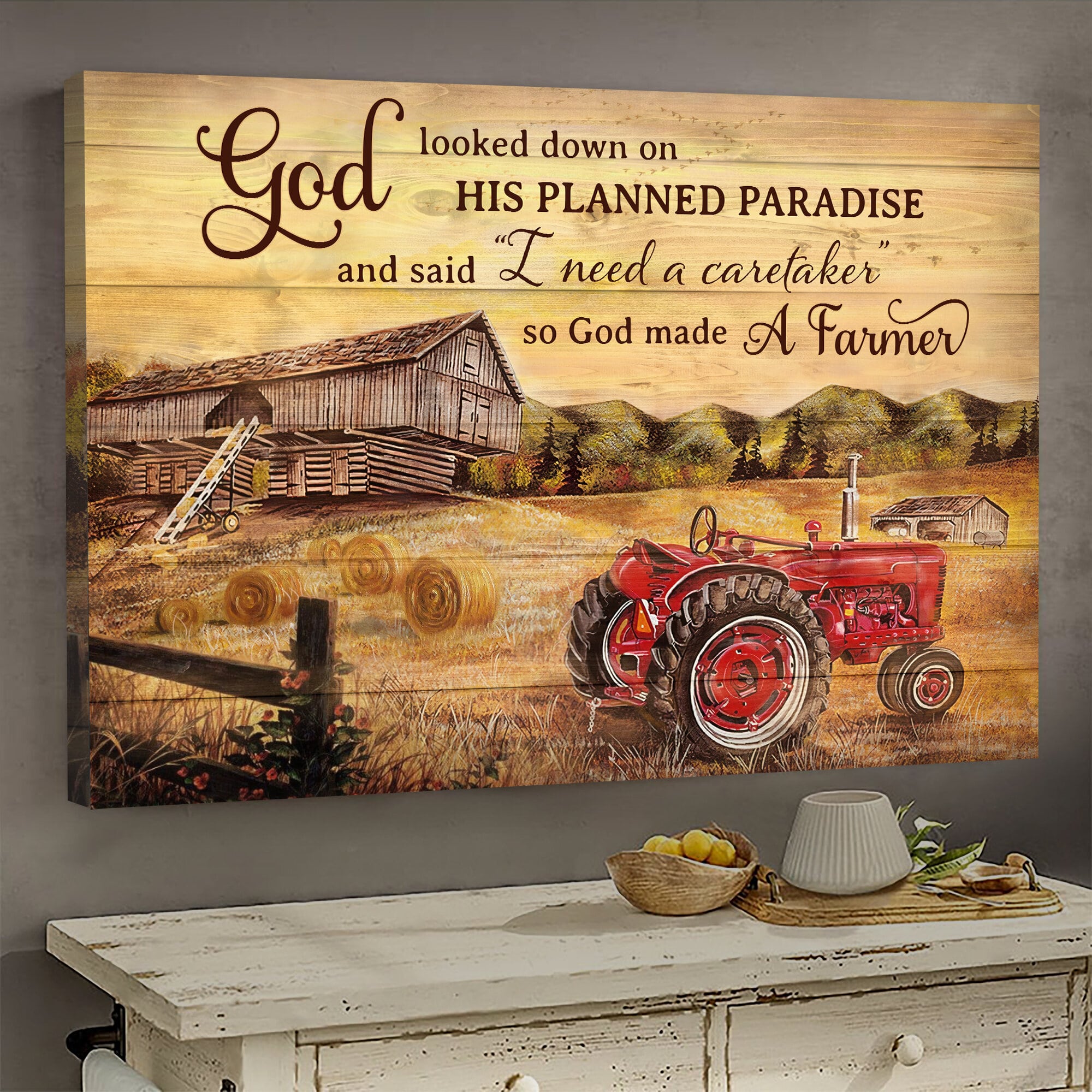 Paddy Field, Electric Tricycle, Old Barn Painting, So God made a farmer - Jesus Landscape Canvas Prints, Wall Art