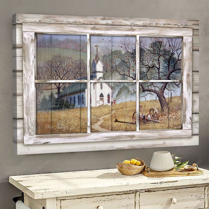 Church on the hill, Through window frame - Jesus Landscape Canvas Prints, Wall Art