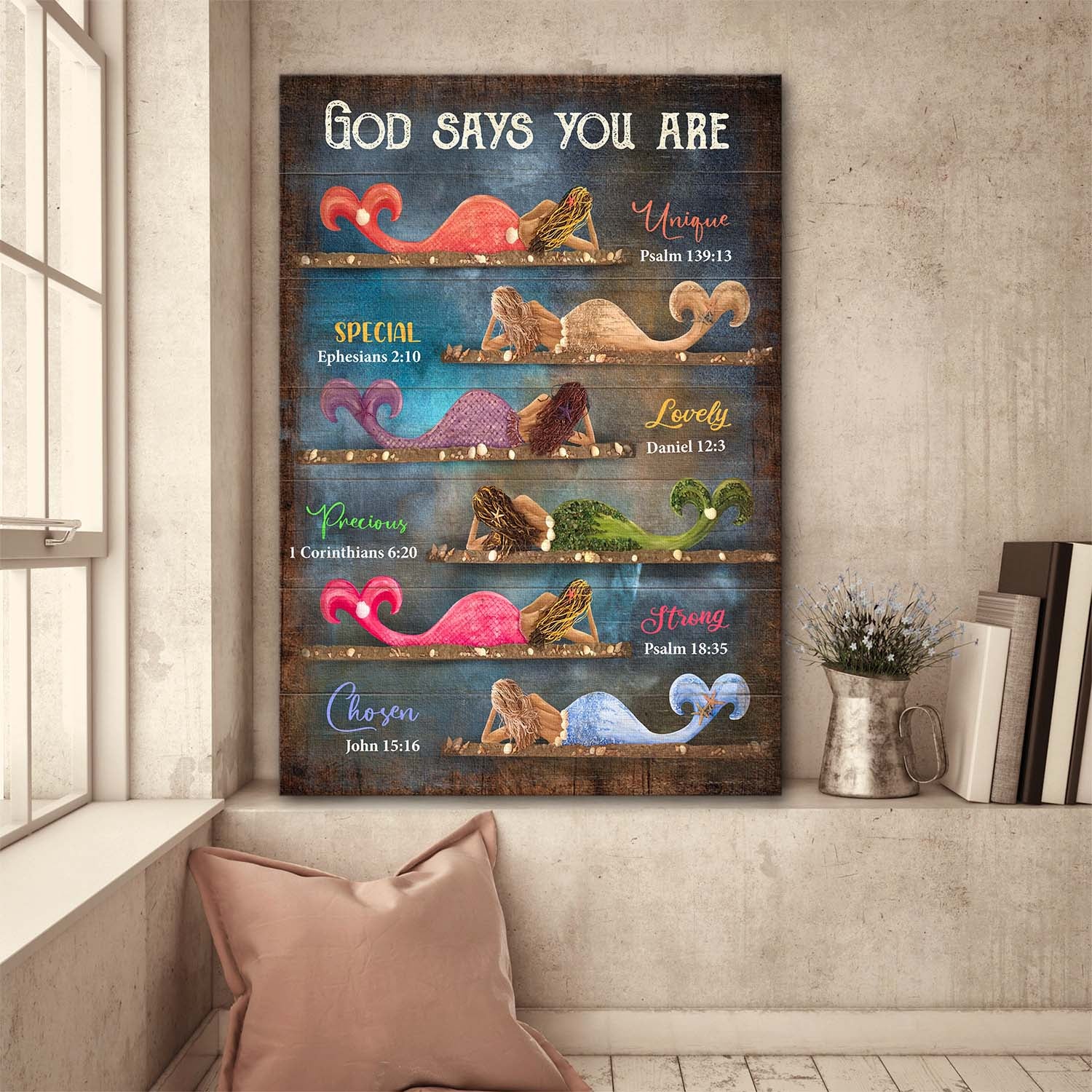 Colorful mermaid, God says you are - Jesus Portrait Canvas Prints, Wall Art