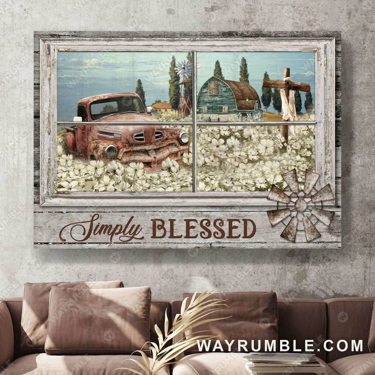 Cross, Flower field, Old car, Simply blessed - Jesus Landscape Canvas Prints, Wall Art