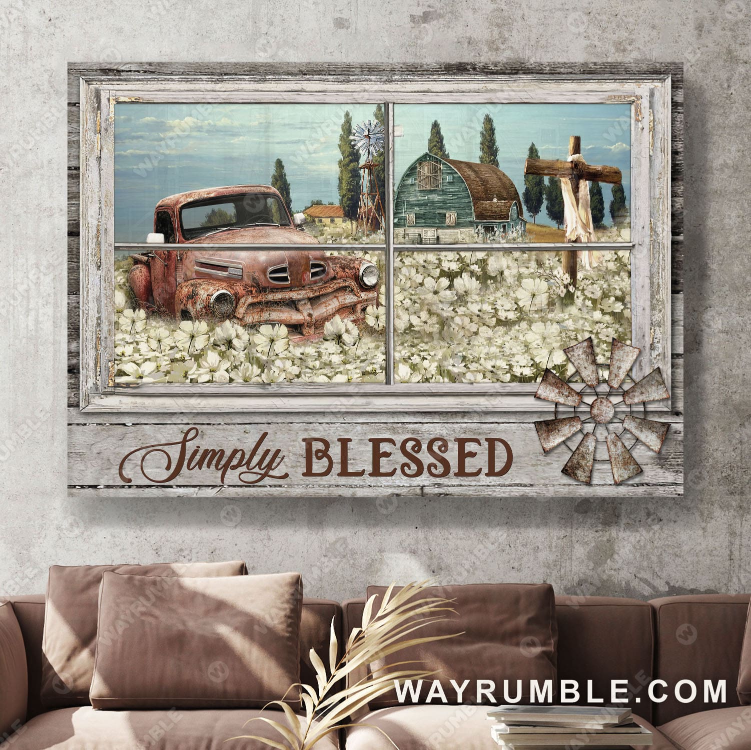 Cross, Flower field, Old car, Simply blessed - Jesus Landscape Canvas Prints, Wall Art