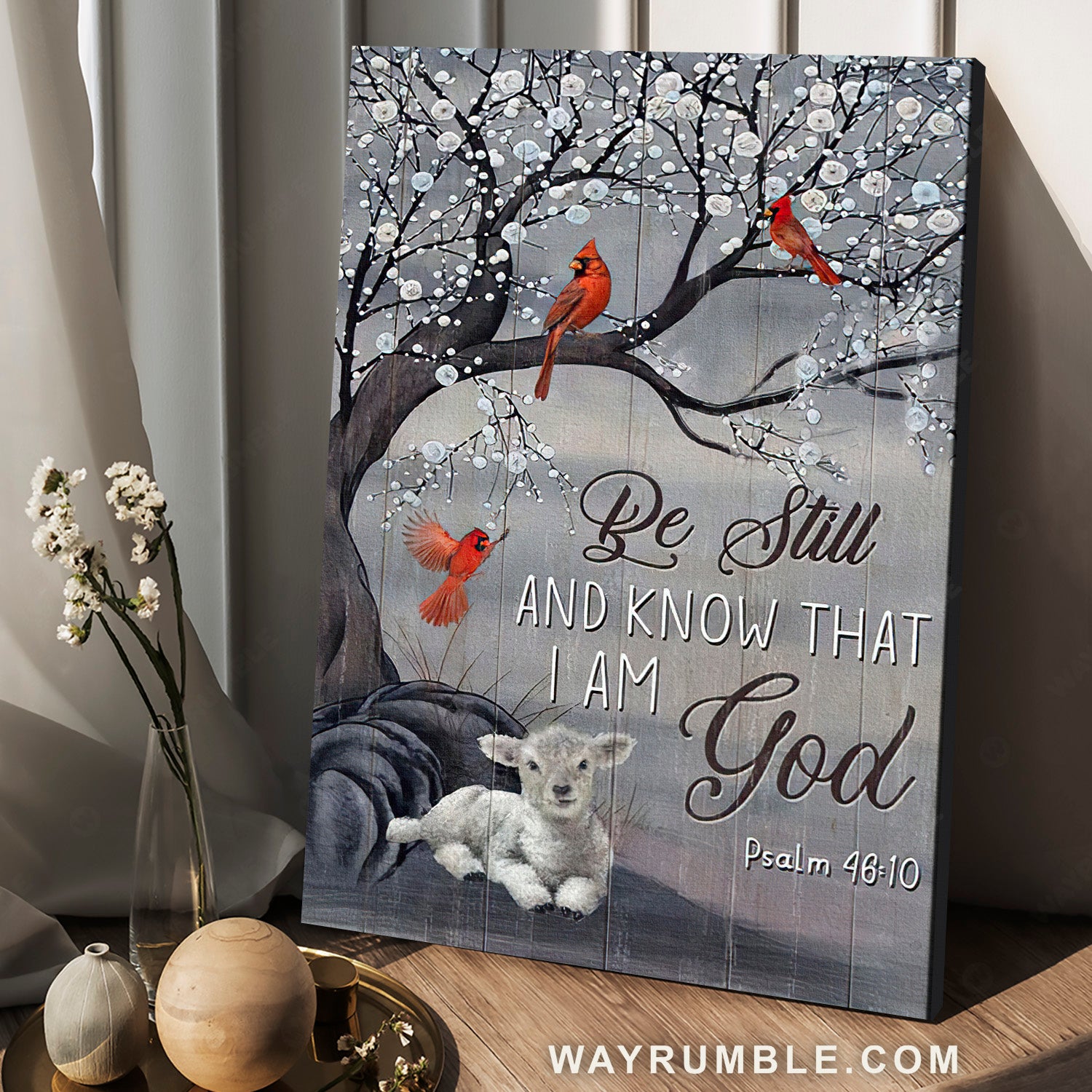 Snow tree, Red cardinal painting, Be still and know that I am God - Jesus Portrait Canvas Prints, Wall Art