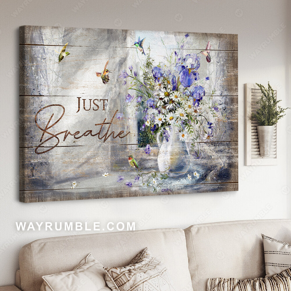 Hummingbird, Daisy flower, Still life painting, Just breathe Jesus Landscape Canvas Prints, Wall Art