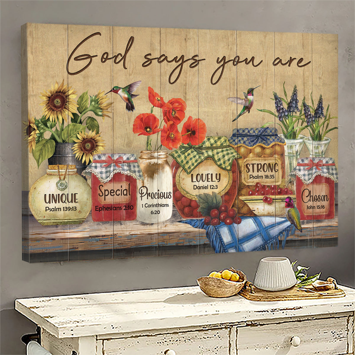Hummingbird and beautiful jars - God says you are Jesus Landscape Canvas Print - Wall Art