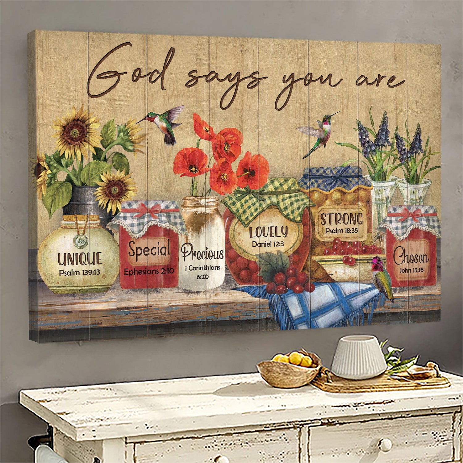 Hummingbird and beautiful jars - God says you are Jesus Landscape Canvas Print - Wall Art