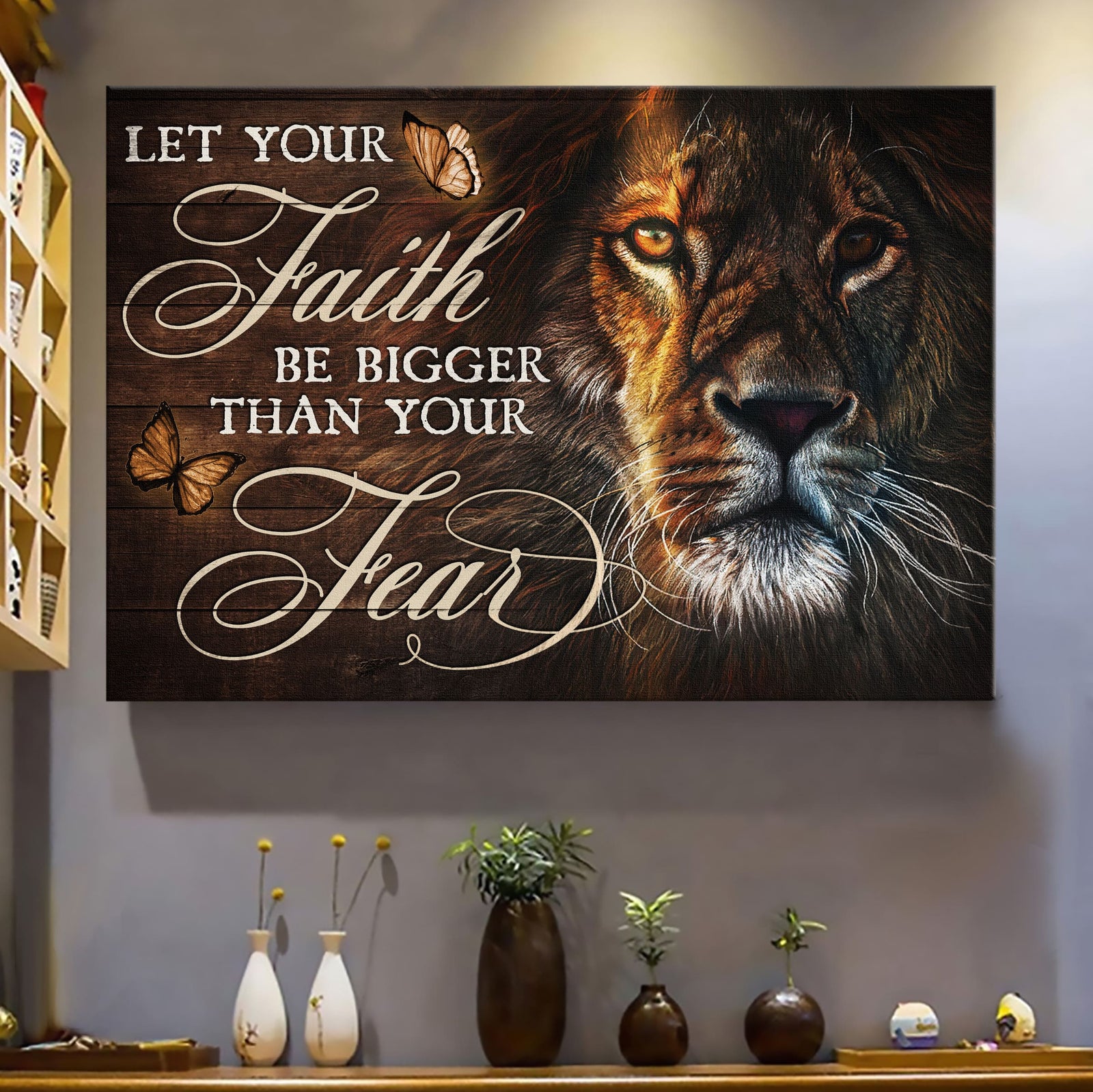 Lion painting, Brown butterfly, Let your faith be bigger than you fear - Jesus Landscape Canvas Prints, Wall Art