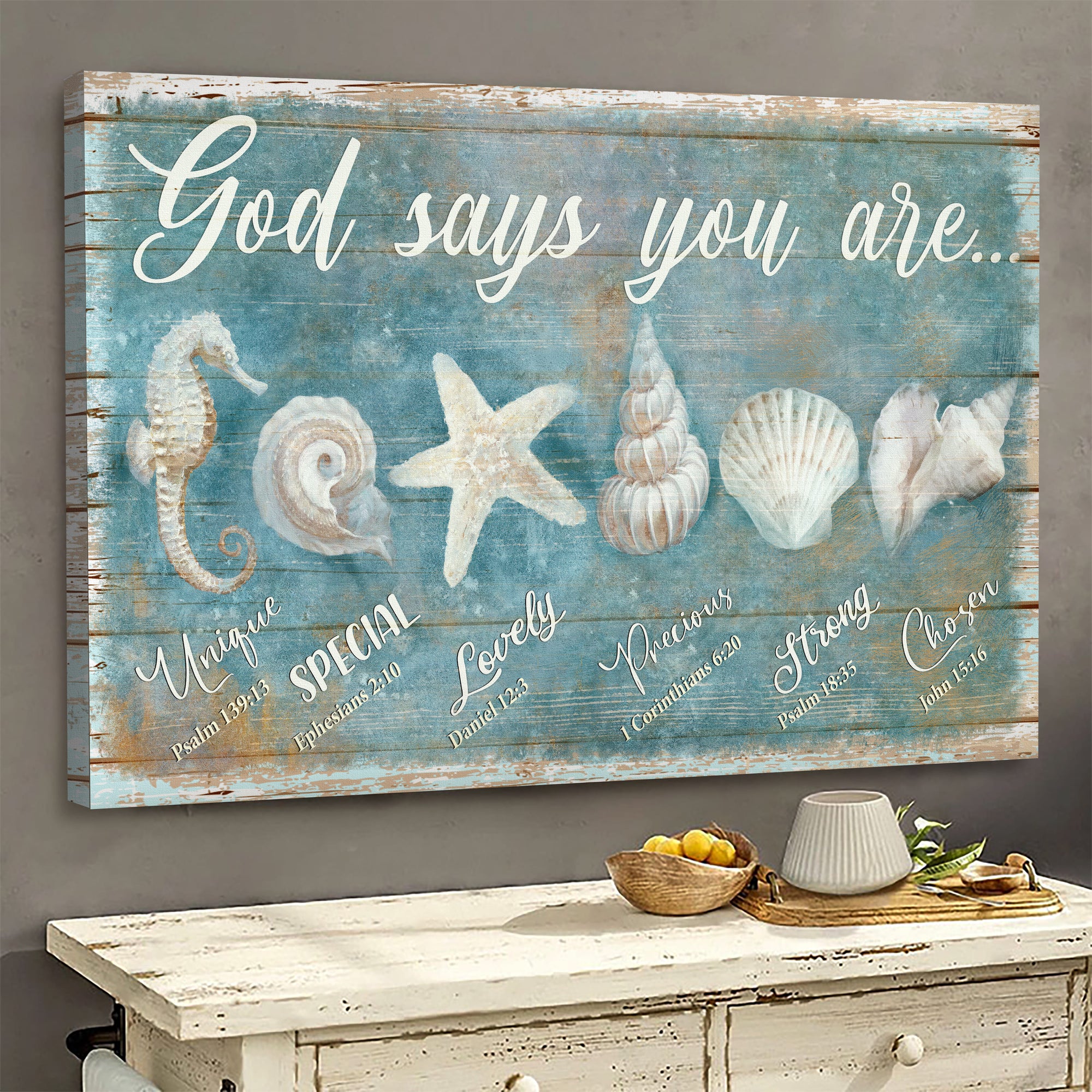 Seashells painting, God says you are - Jesus Landscape Canvas Prints, Wall Art