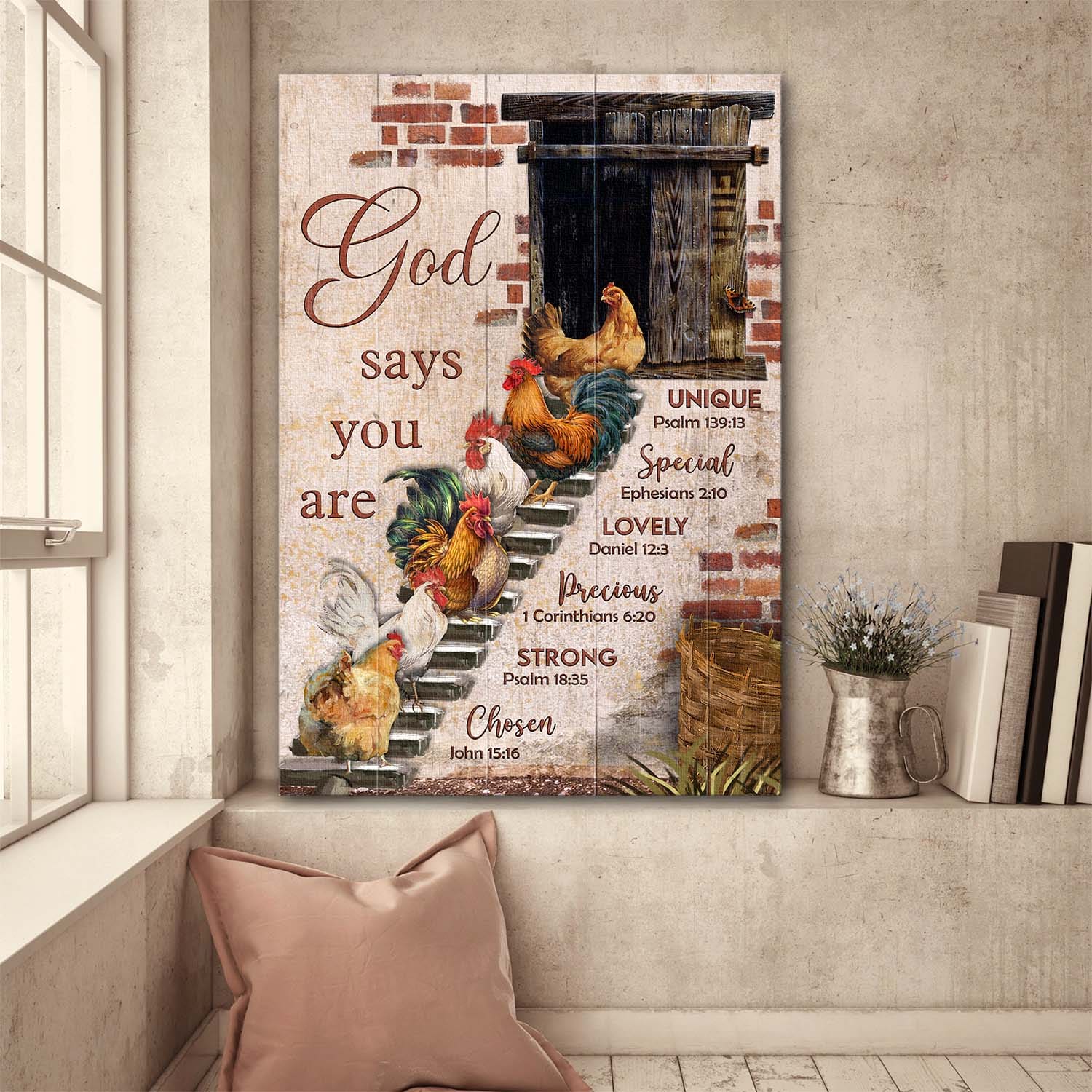 Chicken painting, Wooden stairs, God says you are strong - Jesus Portrait Canvas Prints, Wall Art