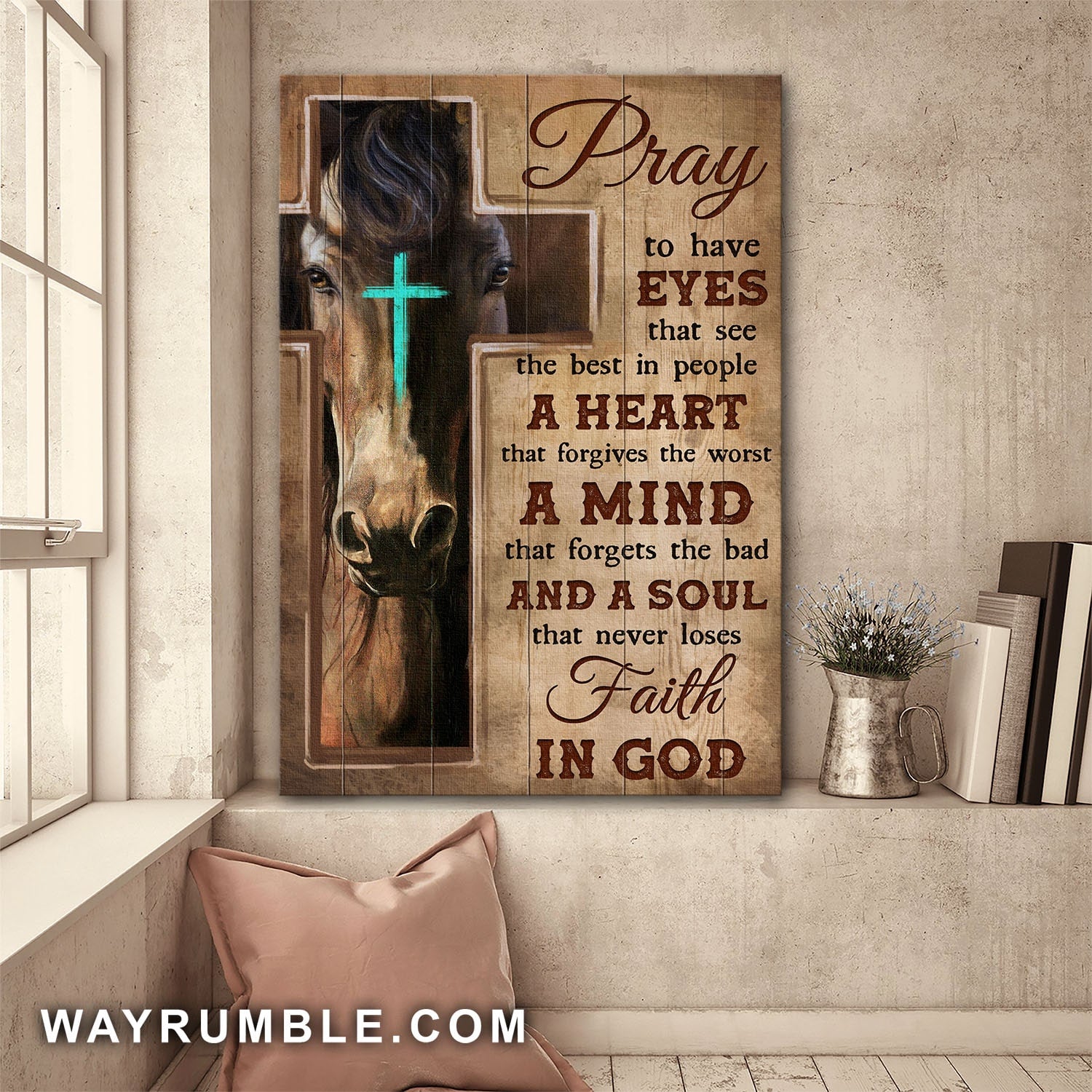 Horse, Cross, Pray to have a soul that never loses faith in God - Jesus Portrait Canvas Prints, Wall Art