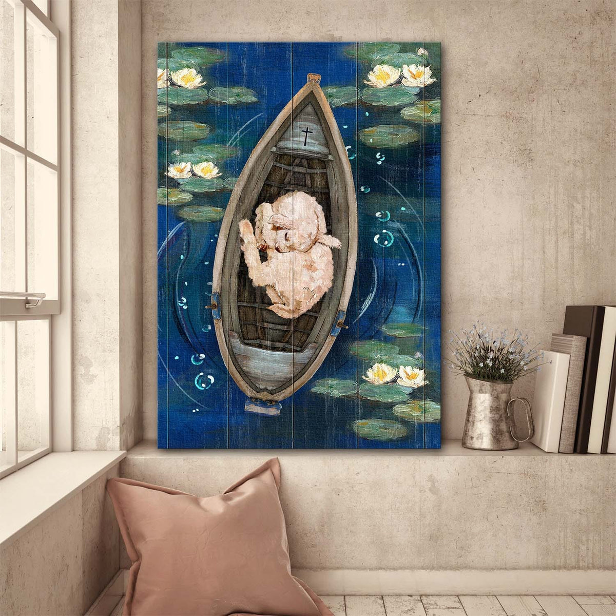 Lovely lamb, On the boat, Lotus lake - Jesus Portrait Canvas Prints, Wall Art