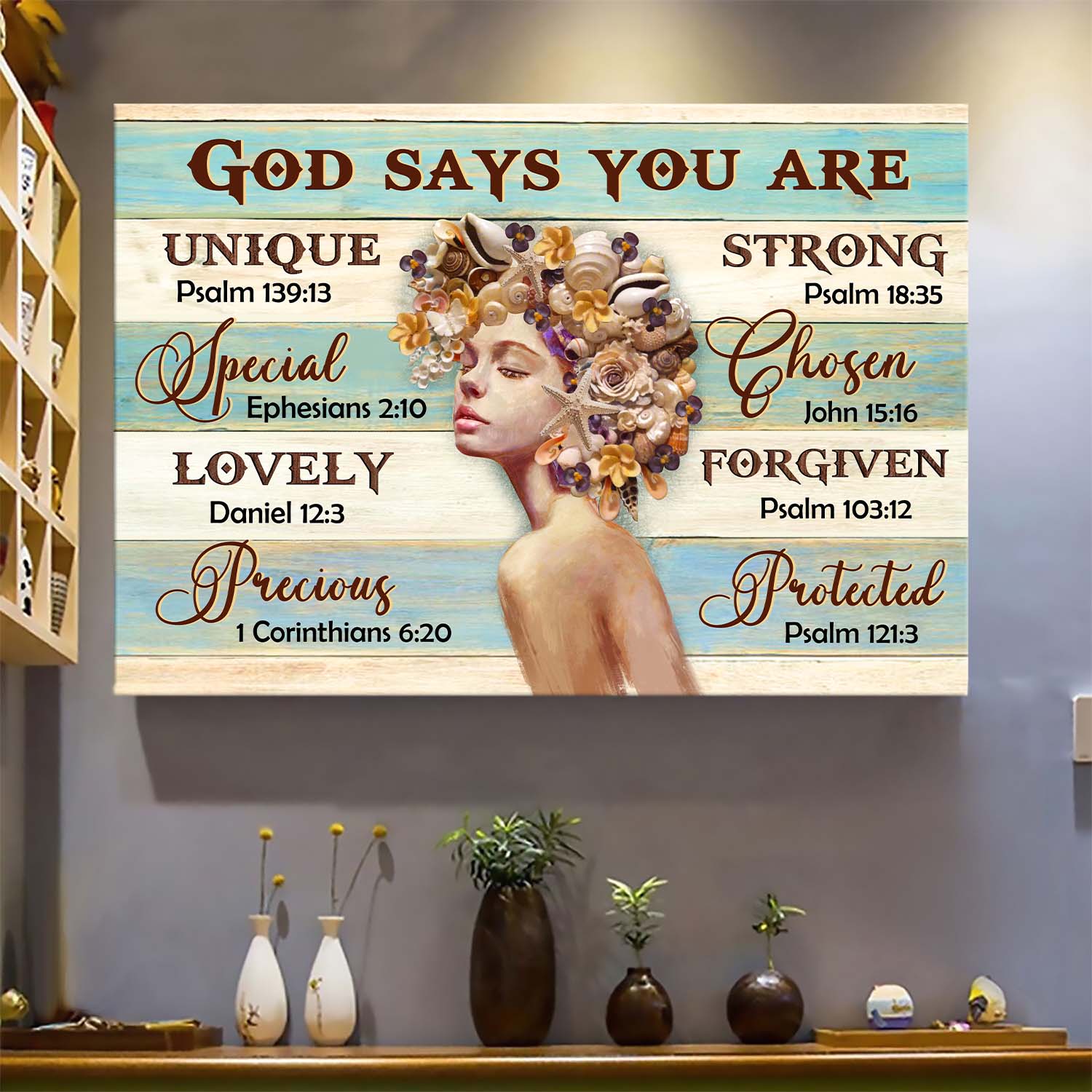 Beautiful girl, Seashell hair, God says you are - Jesus Landscape Canvas Prints, Wall Art