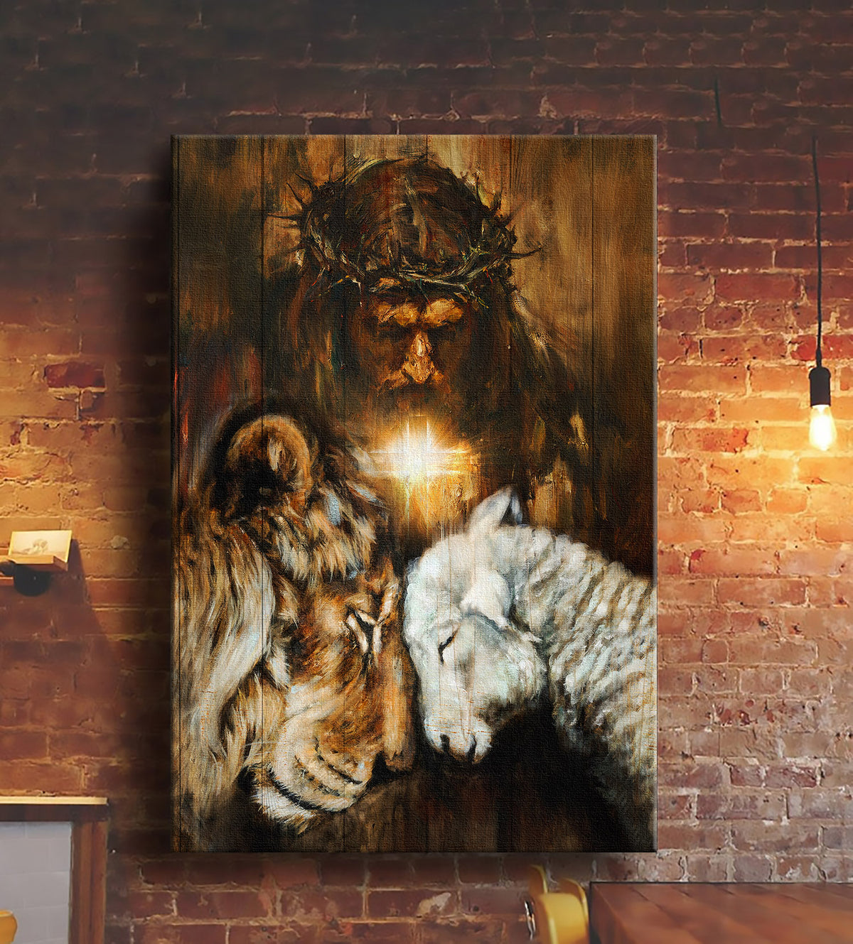 Jesus painting, Lion and lamb, Cross symbol, Beautiful night - Jesus Portrait Canvas Prints, Wall Art