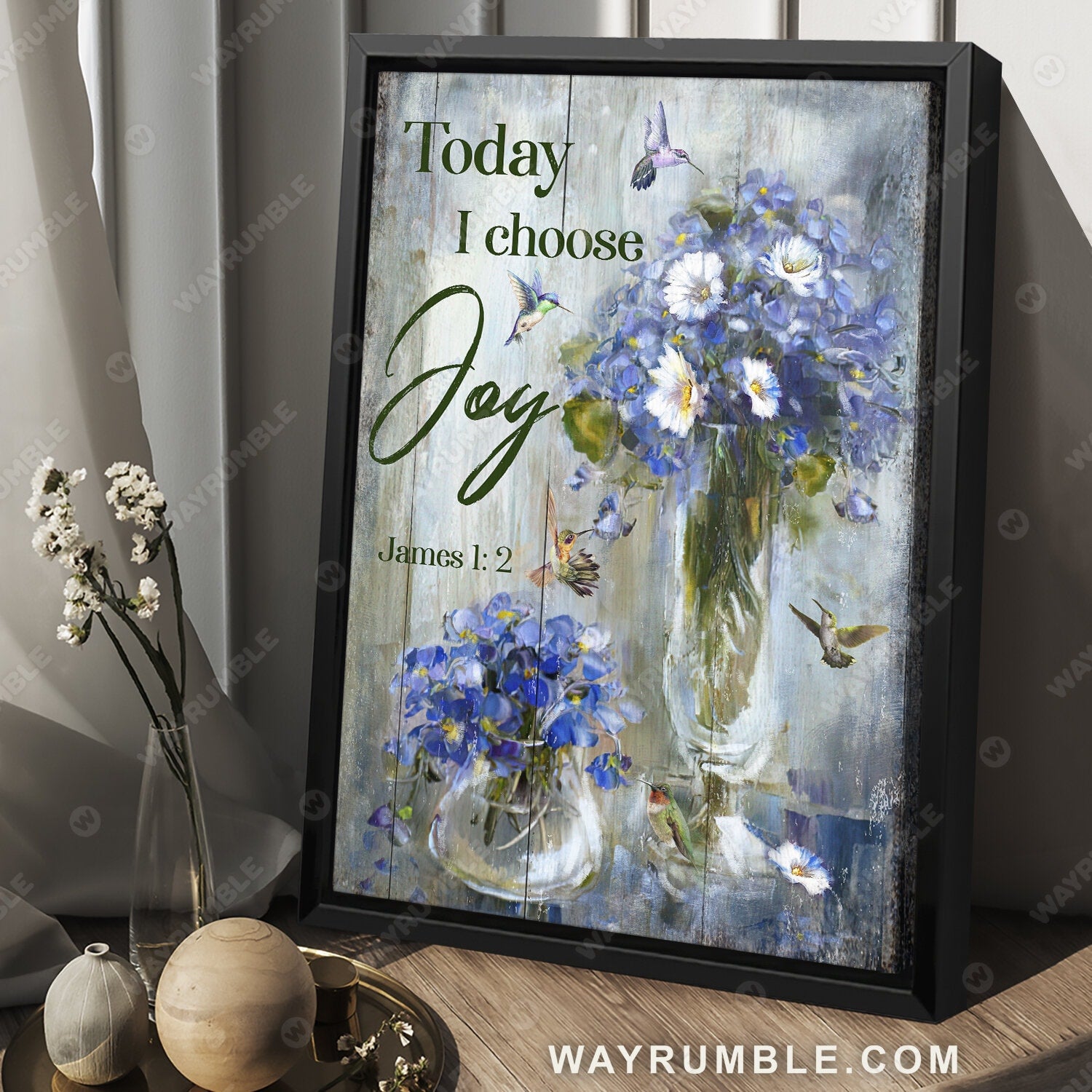 Vintage painting, Hummingbird, Baby blue flower, Today I choose Joy - Jesus Portrait Canvas Prints, Wall Art