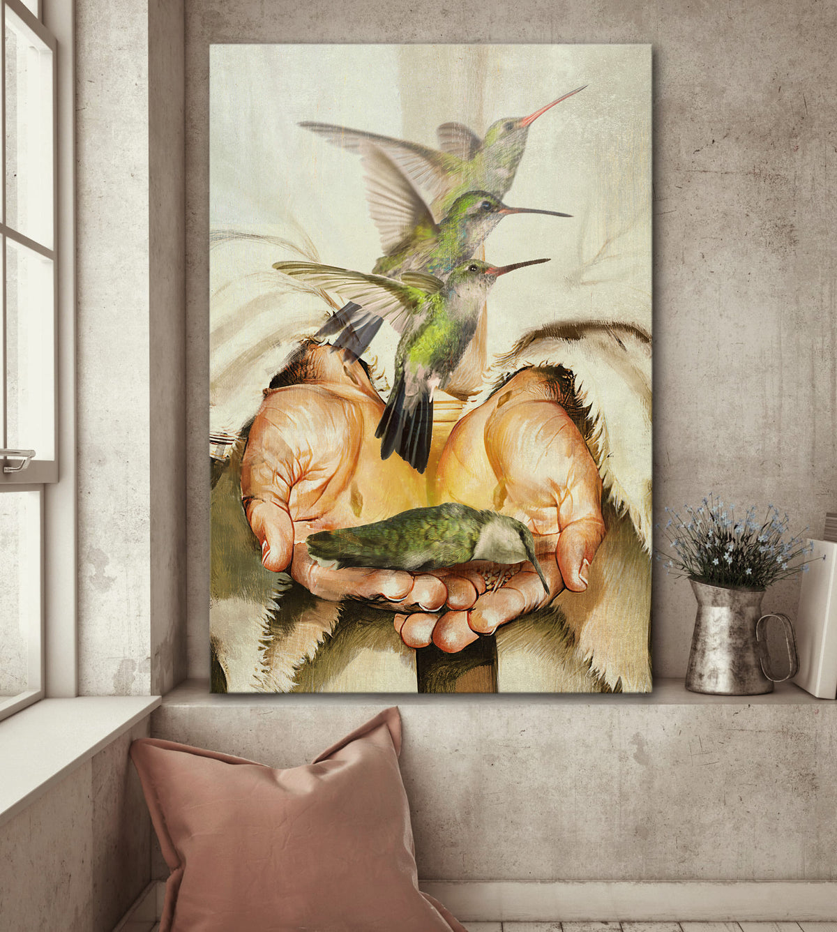 Hummingbird, Jesus hand, Still Painting - Jesus Portrait Canvas Print, Wall Art