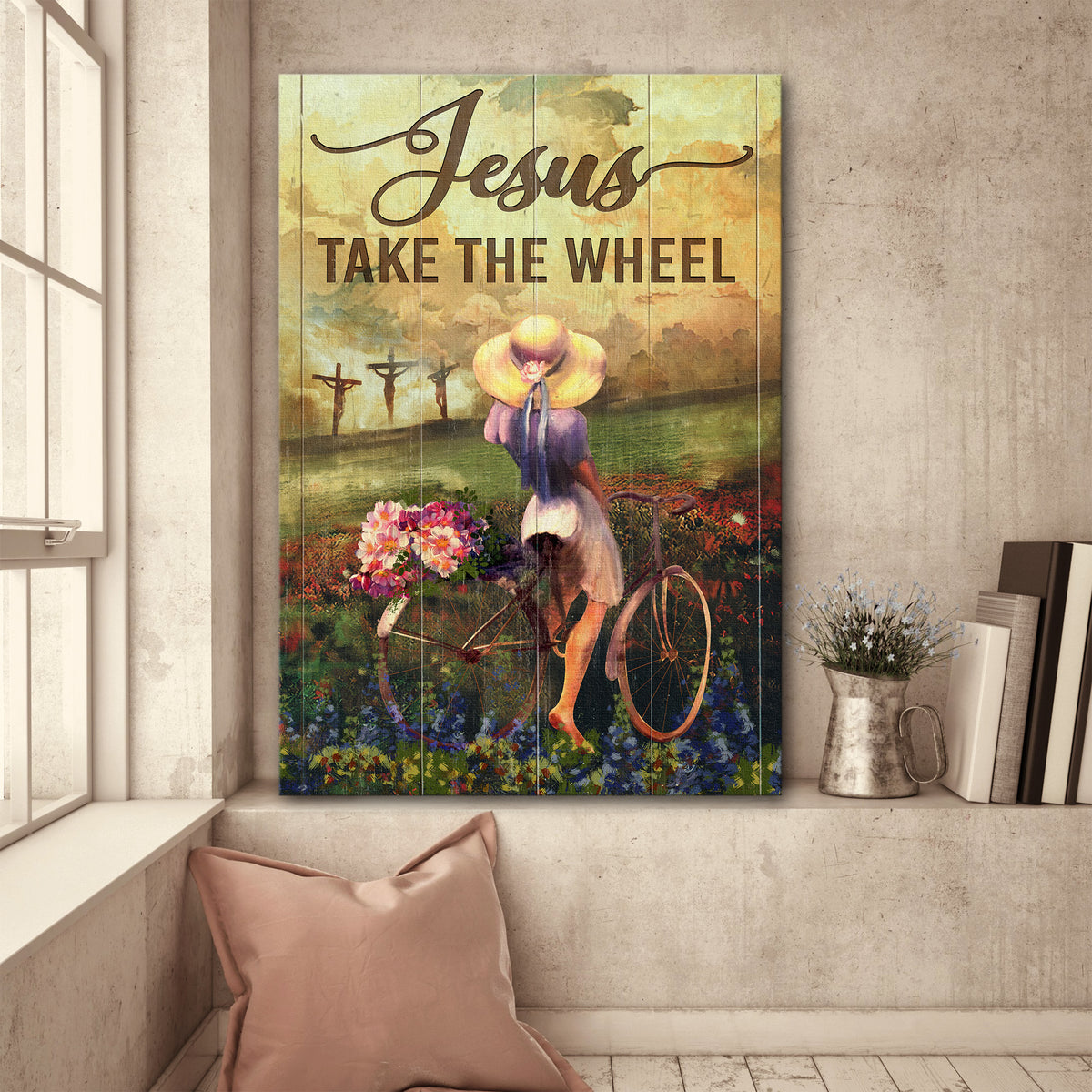 Girl, Flower Field, Ride a bike, Jesus take the wheel - Jesus Portrait Canvas Prints, Wall Art