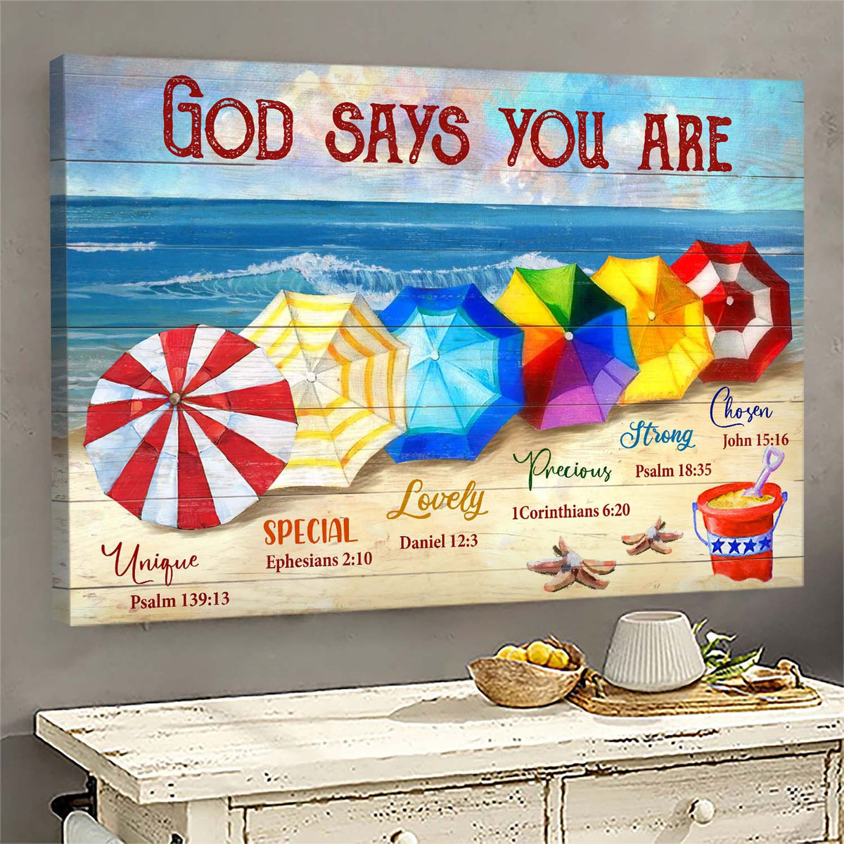 Colorful umbrella, amazing beach - God says you are Jesus Landscape Canvas Prints, Wall Art