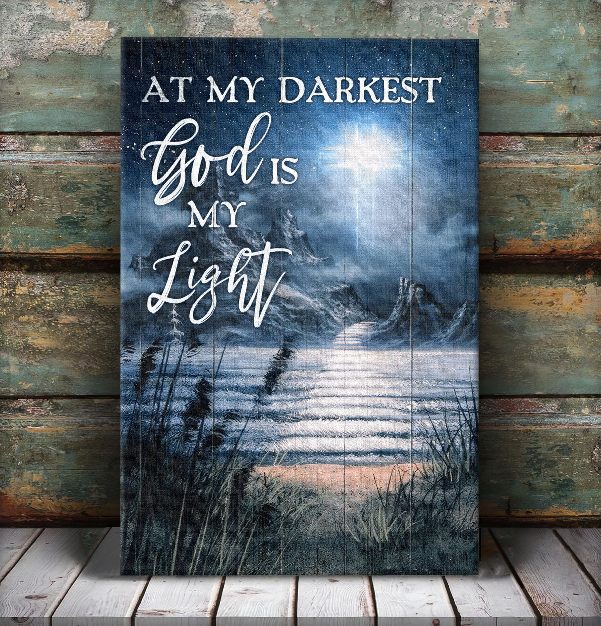 Path on water, Light Cross, At my darkest God is my light - Jesus Portrait Canvas Prints, Wall Art