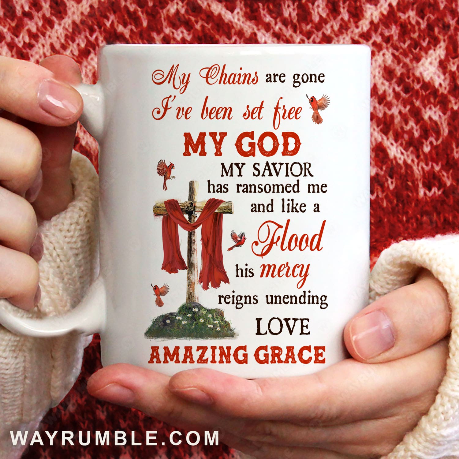 Cardinal, Cross, Amazing grace - My God, my savior has ransomed me Jesus AOP Mug