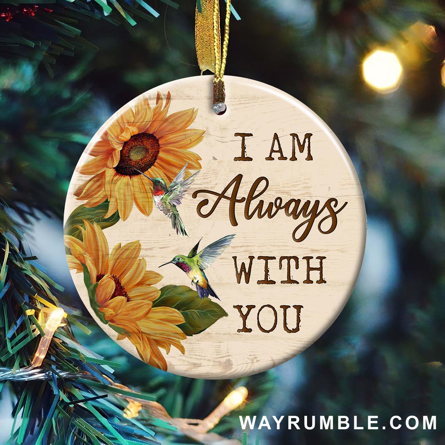 Hummingbird and sunflower - I am always with you Jesus Circle Ceramic Ornament