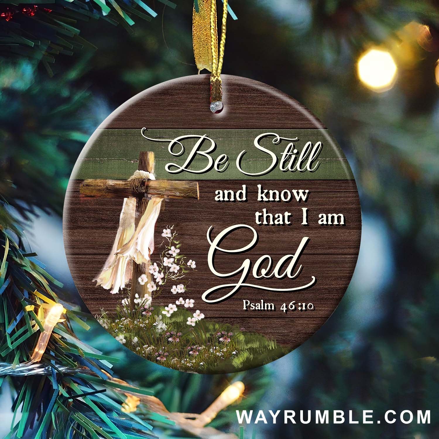 Flower field, Wooden cross, Be still and know that I am God - Jesus Circle Ceramic Ornament