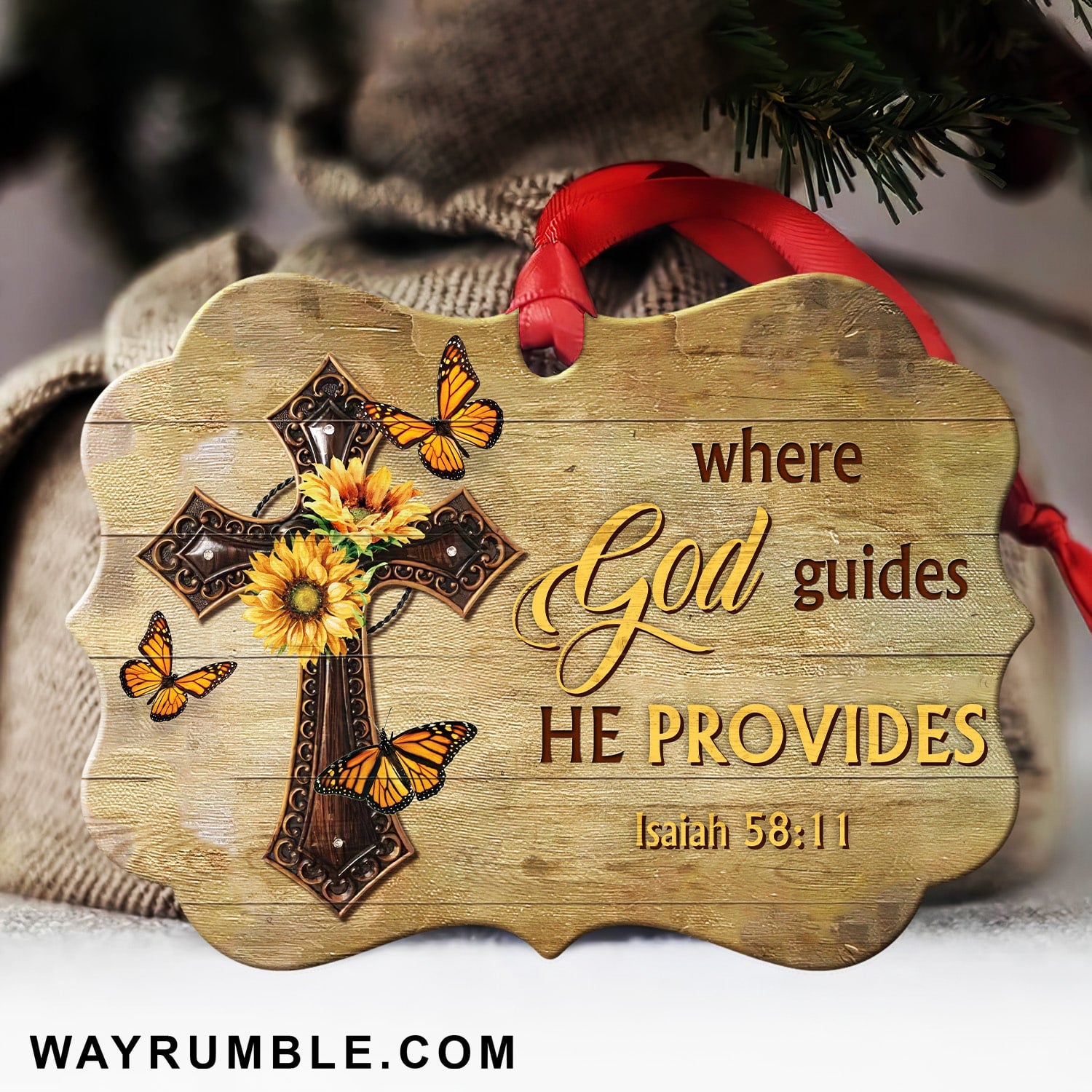 Cross, Butterfly, Sunflower, Bible - Where God guides, he provides Jesus Aluminum Ornament