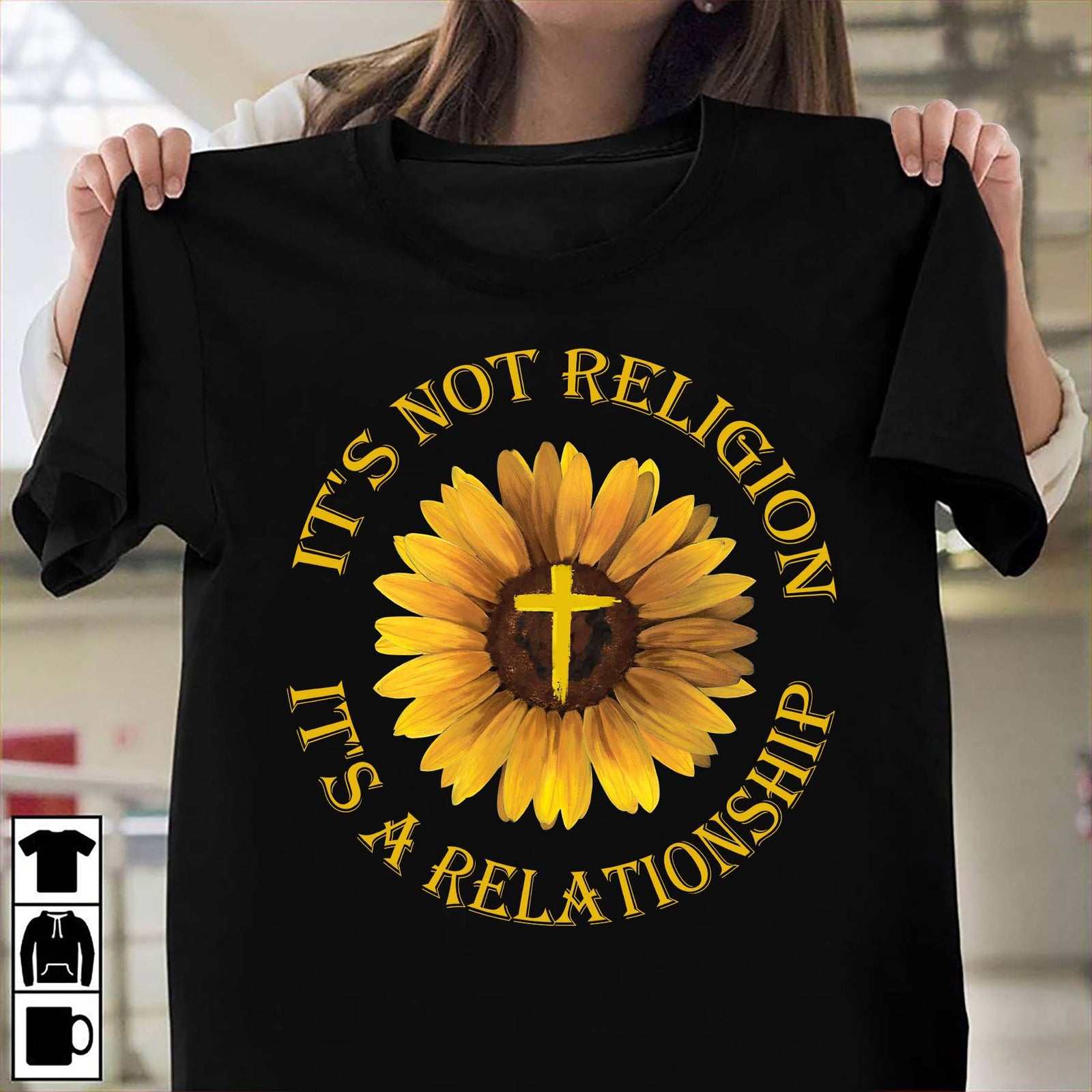 Sunflower painting, Yellow cross symbol, It's not religion, it's a relationship - Jesus Black Apparel