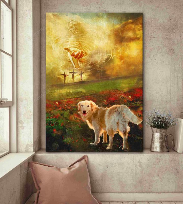 Jesus hand, Golden retriever, Flower Field, To the beautiful world - Golden retriever Portrait Canvas Prints, Wall Art