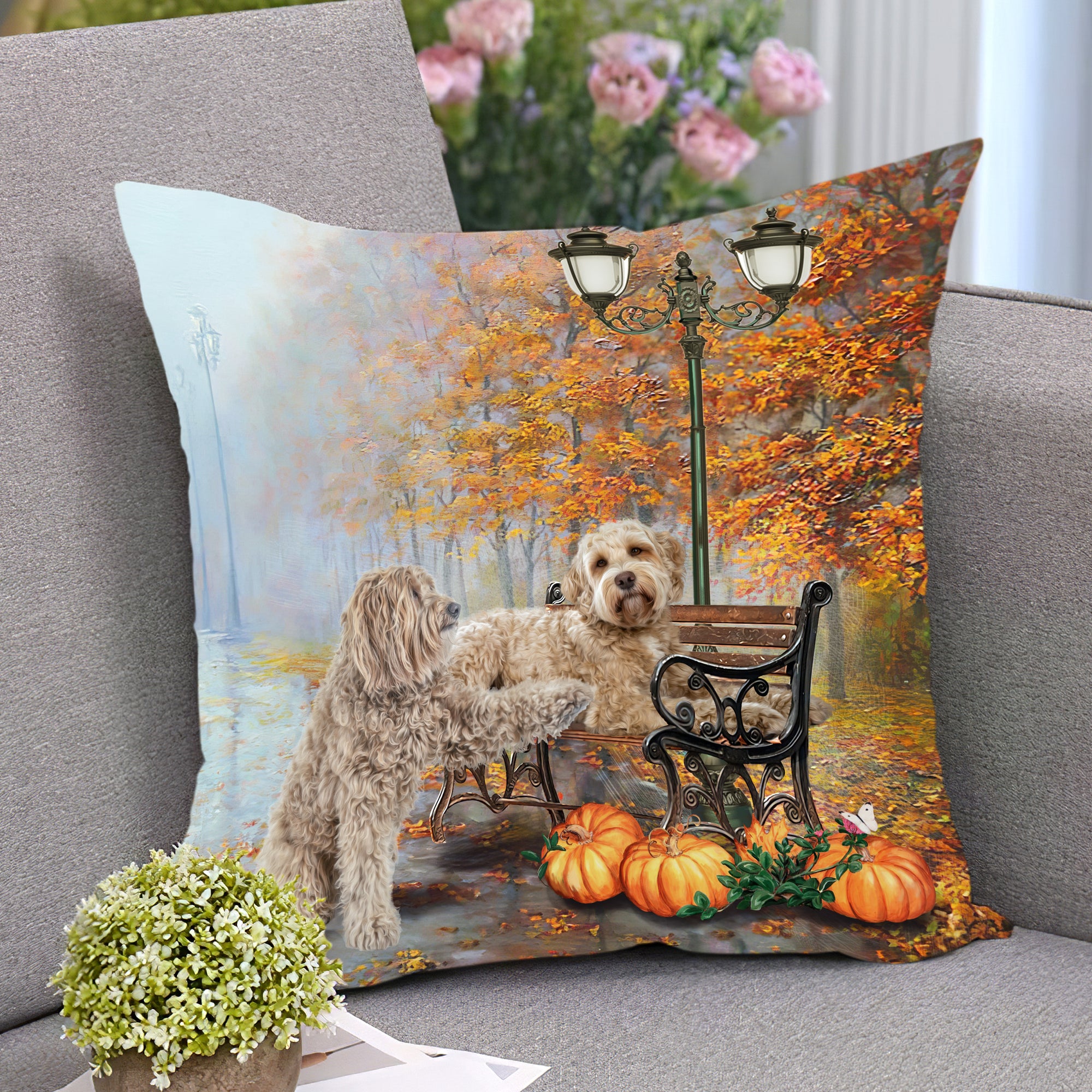 Autumn park, Goldendoodle and Halloween pumpkins - Groodle AOP Pillow