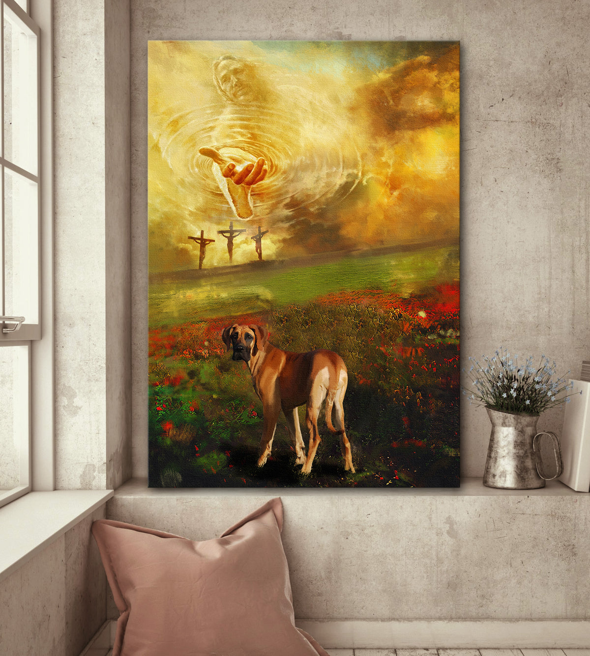 Jesus Painting Great Dane Flower Field To the beautiful world Dog Portrait Canvas Prints Wall Art