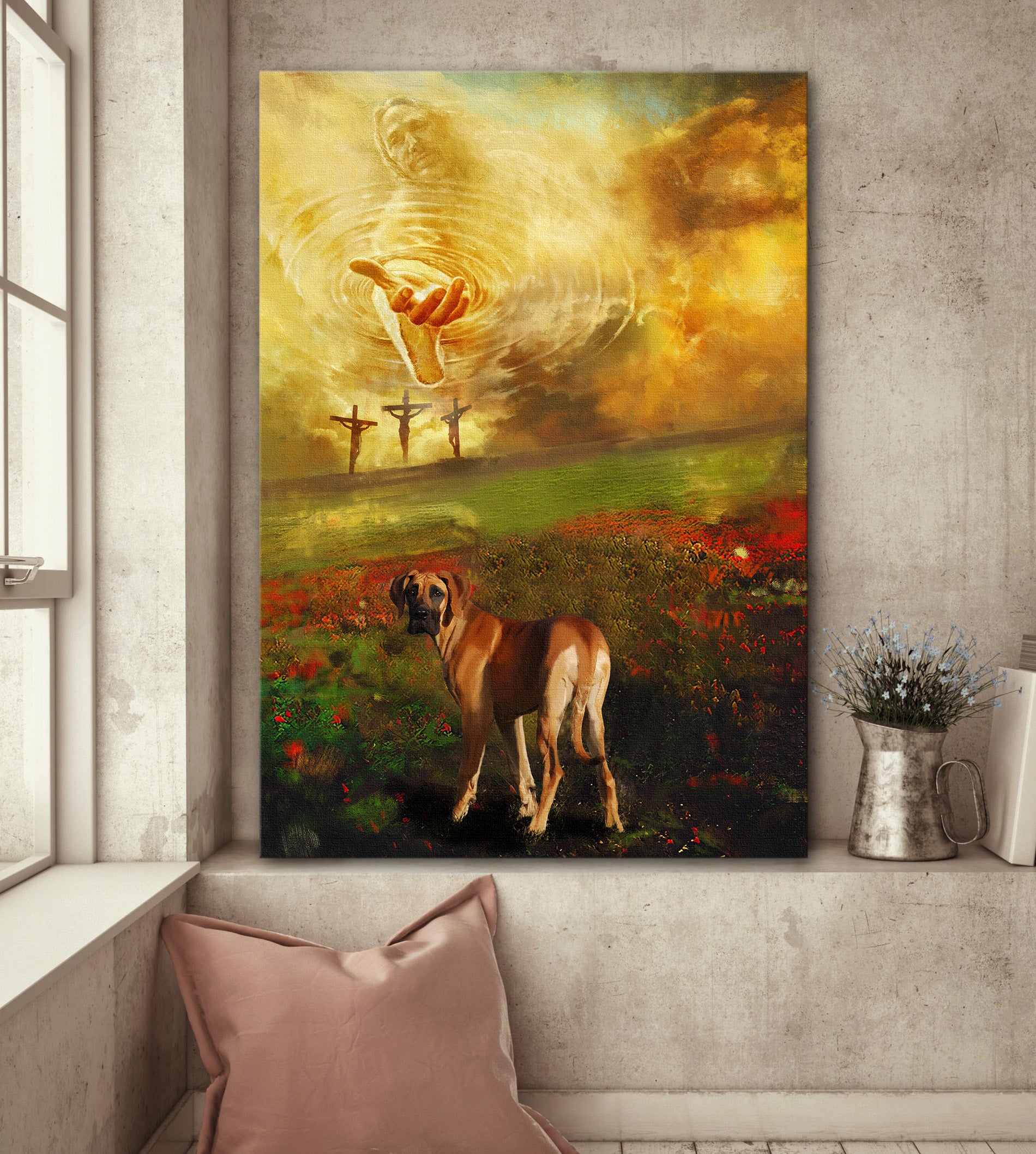 Jesus Painting, Great Dane, Flower Field, To the beautiful world - Dog Portrait Canvas Prints, Wall Art