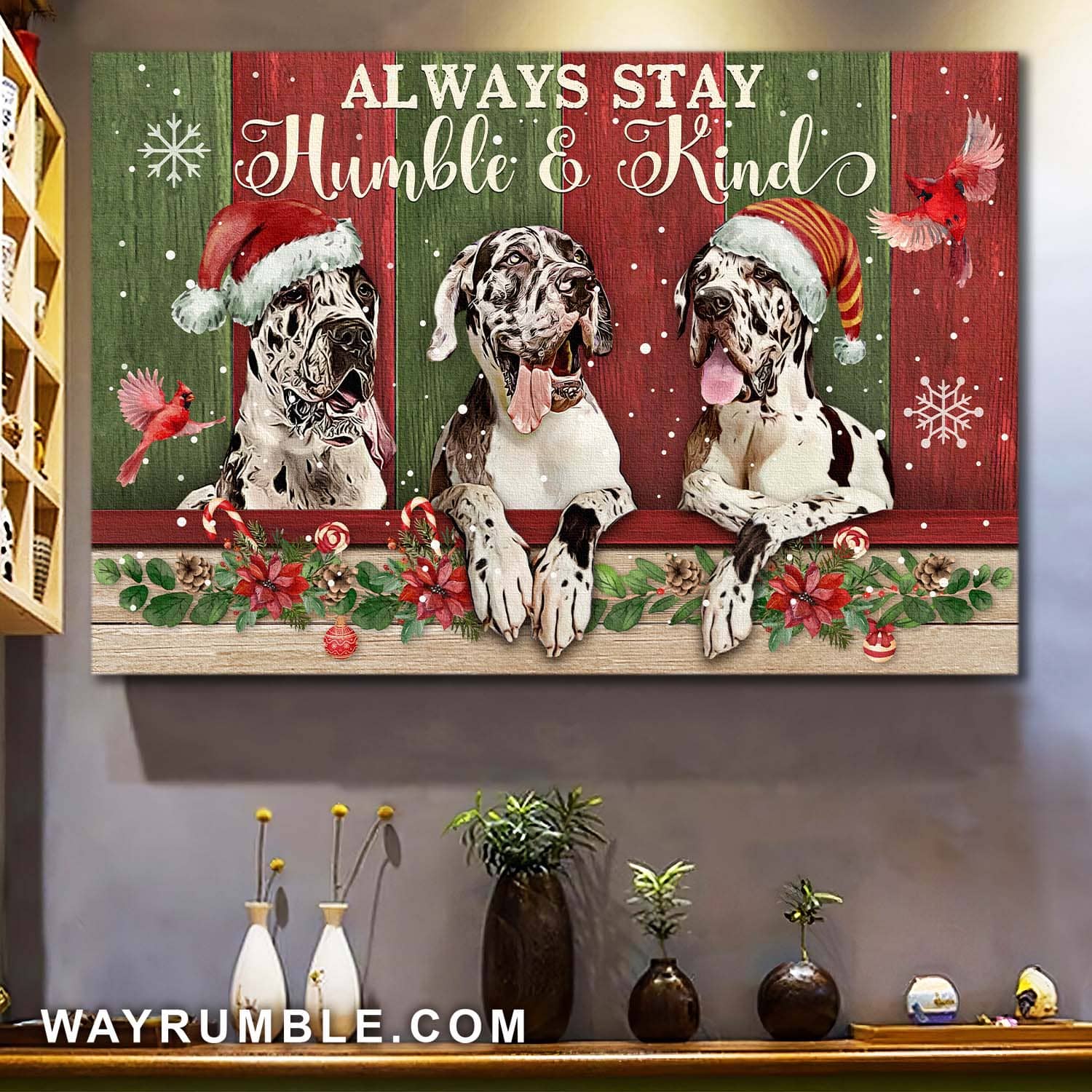 Great Dane, Cardinal, Christmas, Always stay humble and kind - Dog Landscape Canvas Prints, Wall Art