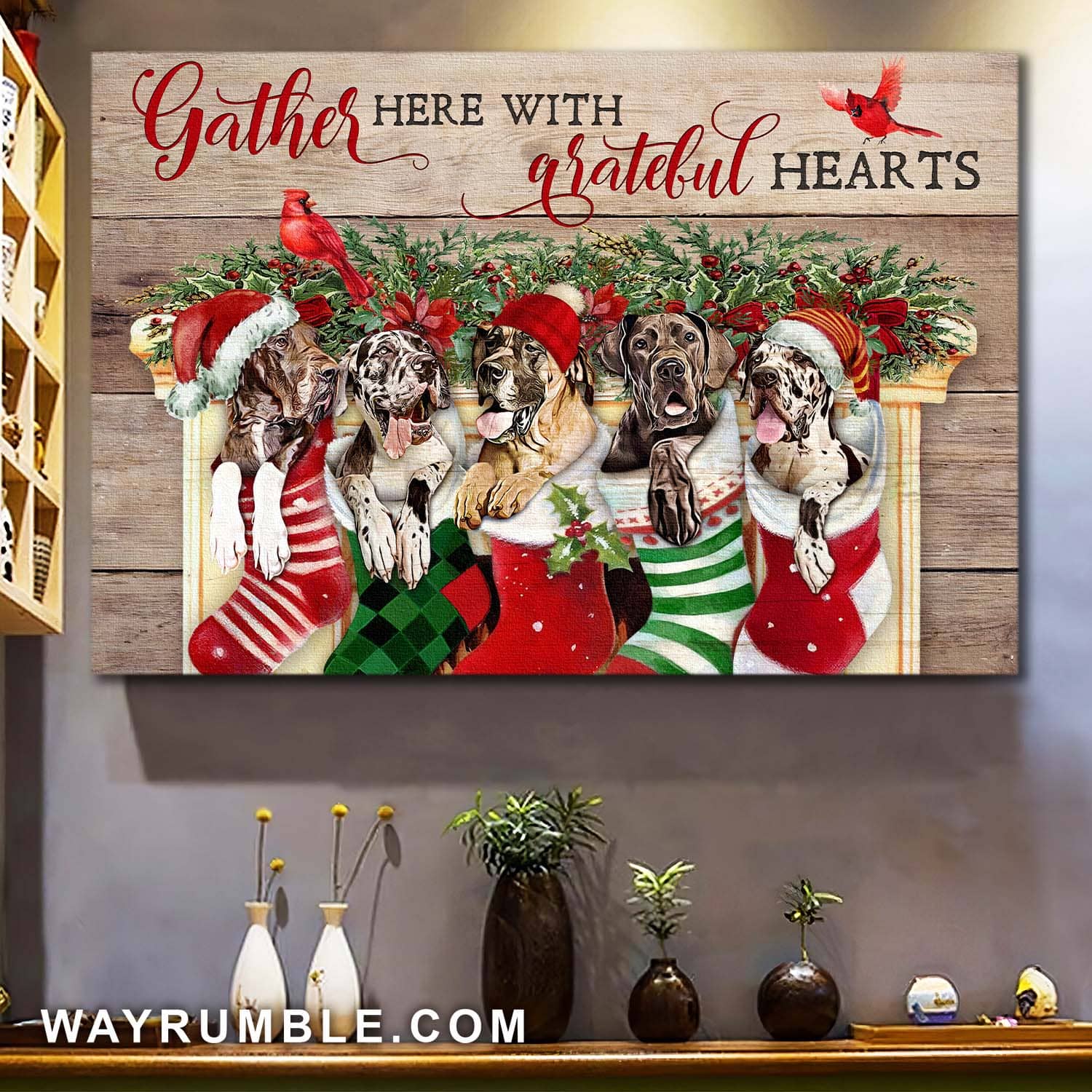 Great Dane, Christmas Sock, Cardinal, Gather here with grateful hearts - Dog Christmas Landscape Canvas Prints, Wall Art