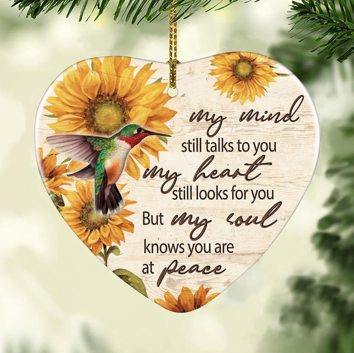 Sunflower pattern, Colorful hummingbird, My soul knows you are at peace - Heaven Ceramic Heart Ornament