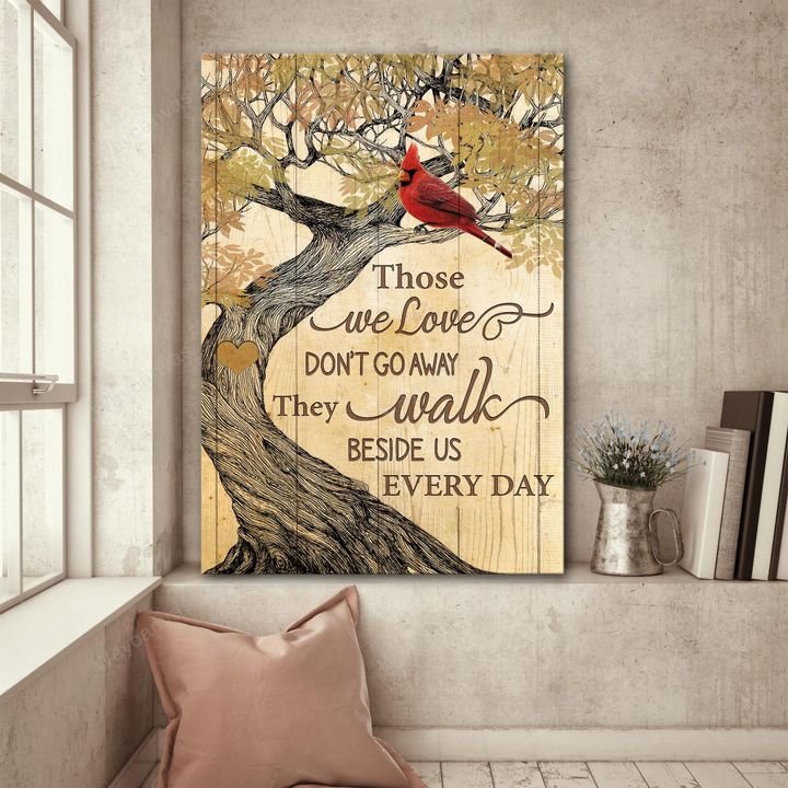 Red cardinal, Yellow leaf, Wooden heart, They walk beside us every day - Heaven Portrait Canvas Prints, Wall Art