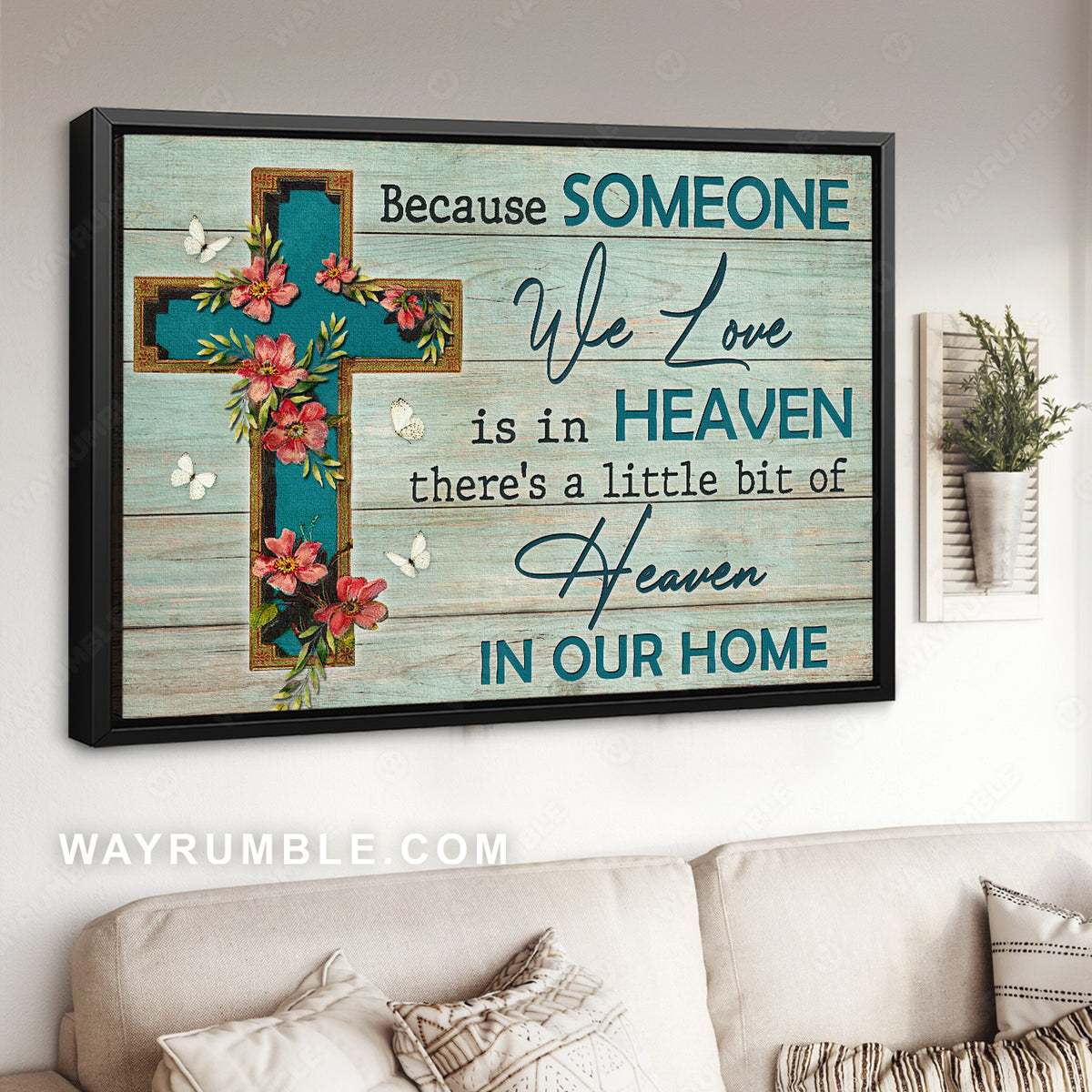 Pink flower, Pretty butterfly, Wooden cross, Because someone we love is in heaven - Heaven Landscape Canvas Prints, Wall Art