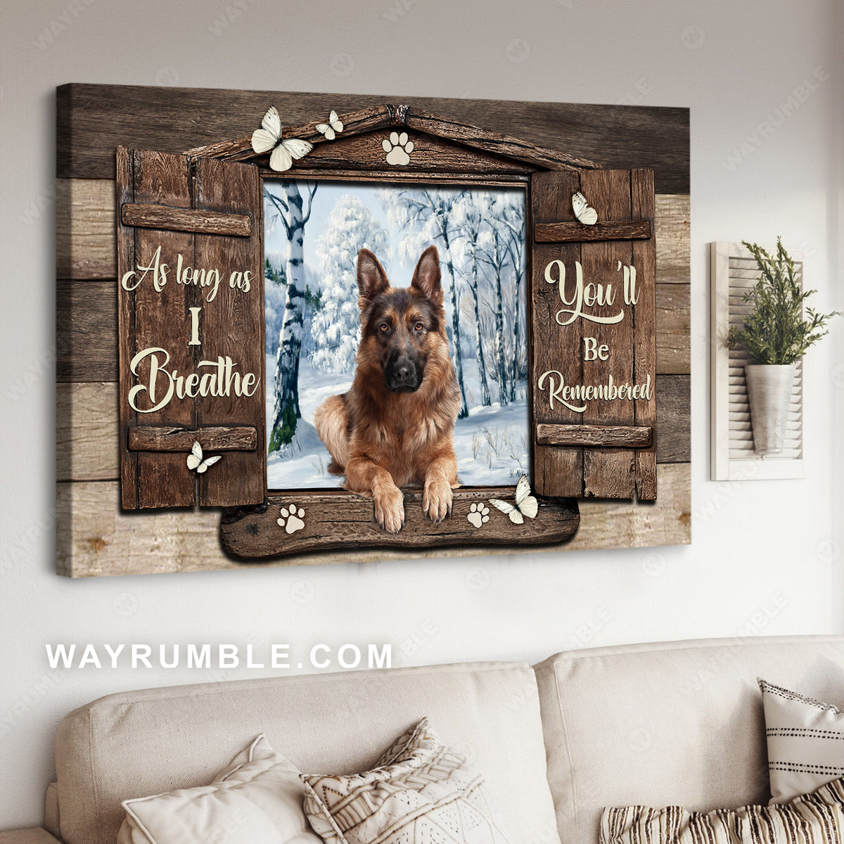 Brown German shepherd, Wooden window, Butterfly, As long as I breathe - Heaven Landscape Canvas Prints, Wall Art