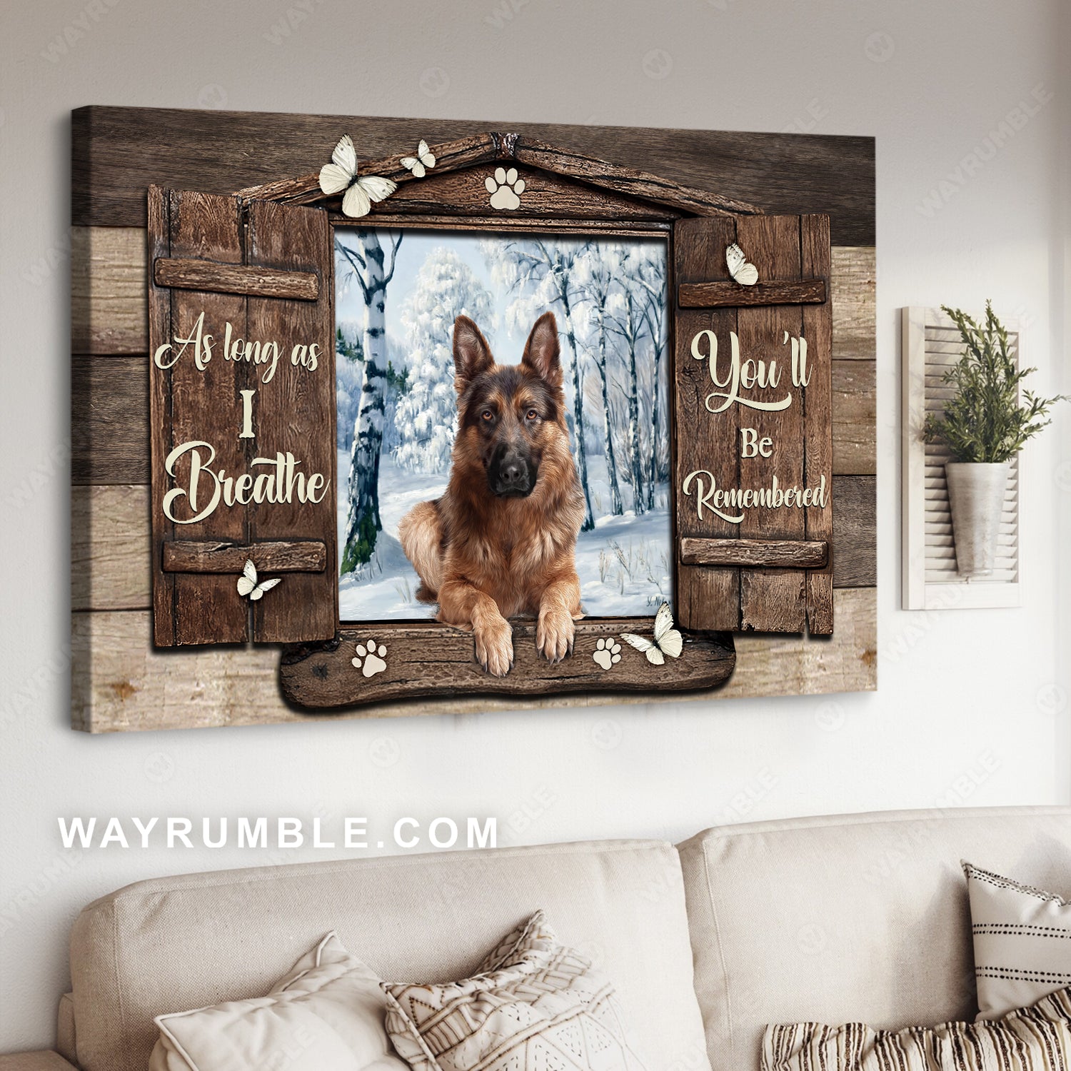 Brown German shepherd, Wooden window, Butterfly, As long as I breathe - Heaven Landscape Canvas Prints, Wall Art