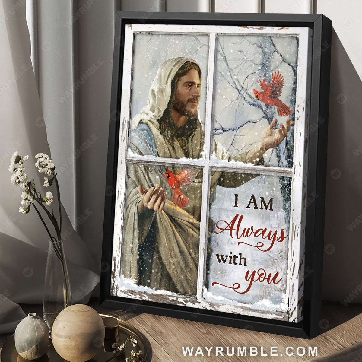 Life of Jesus, Cardinal drawing, Winter forest, I am always with you - Heaven Portrait Canvas Prints, Wall Art