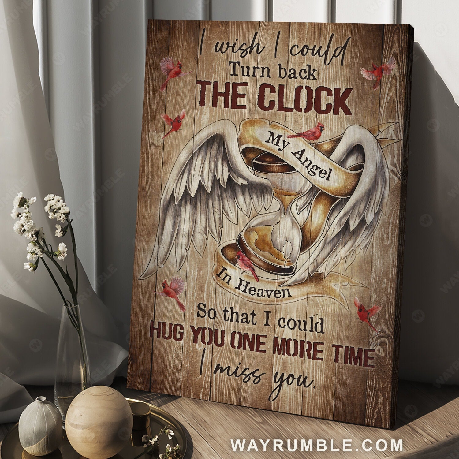 Angel wings, Old hourglass, Red cardinal, I wish I could turn back the clock - Heaven Portrait Canvas Prints, Wall Art